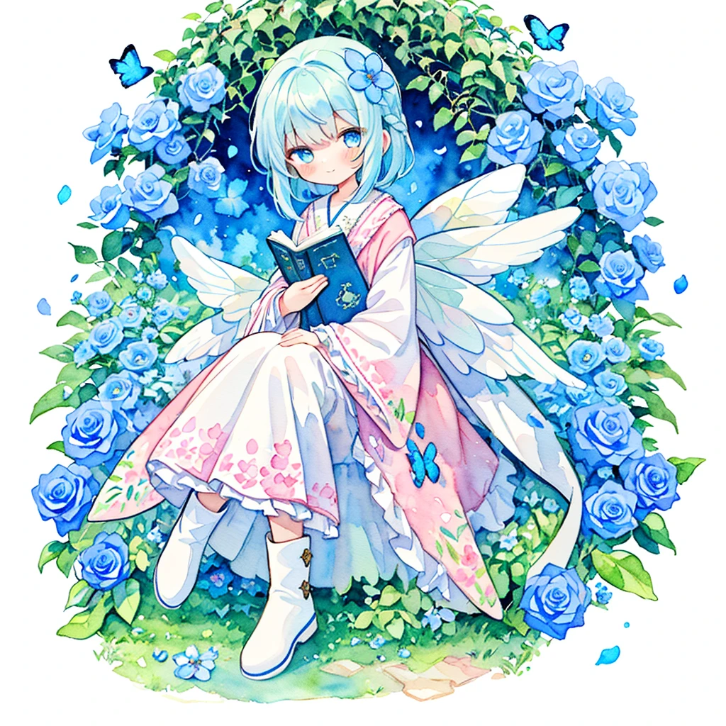 (Blue Theme),1girl in, Solo, flower, Blue-haired, Braid hair, Wings, White background, Blue flowers, Hair Ornament, Boken, Blue eyes, Sitting, Hair Flower, Dress, frilld, Simple background, white footwear, Looking at Viewer, Bangs, flower petals, Wide sleeves, Full body, blue flower, Holding, long boots, Long sleeves, Closed mouth, Very long hair, open book, Wrist cuffs, White Dress, holding book, Butterfly wings, , Pink Rose, blush, purple flower, frilly dress, fairy wings, frilly sleeves, (PastelColors:1.3)、(Cute illustration:1.3)、(watercolor paiting:1.3)、A smile