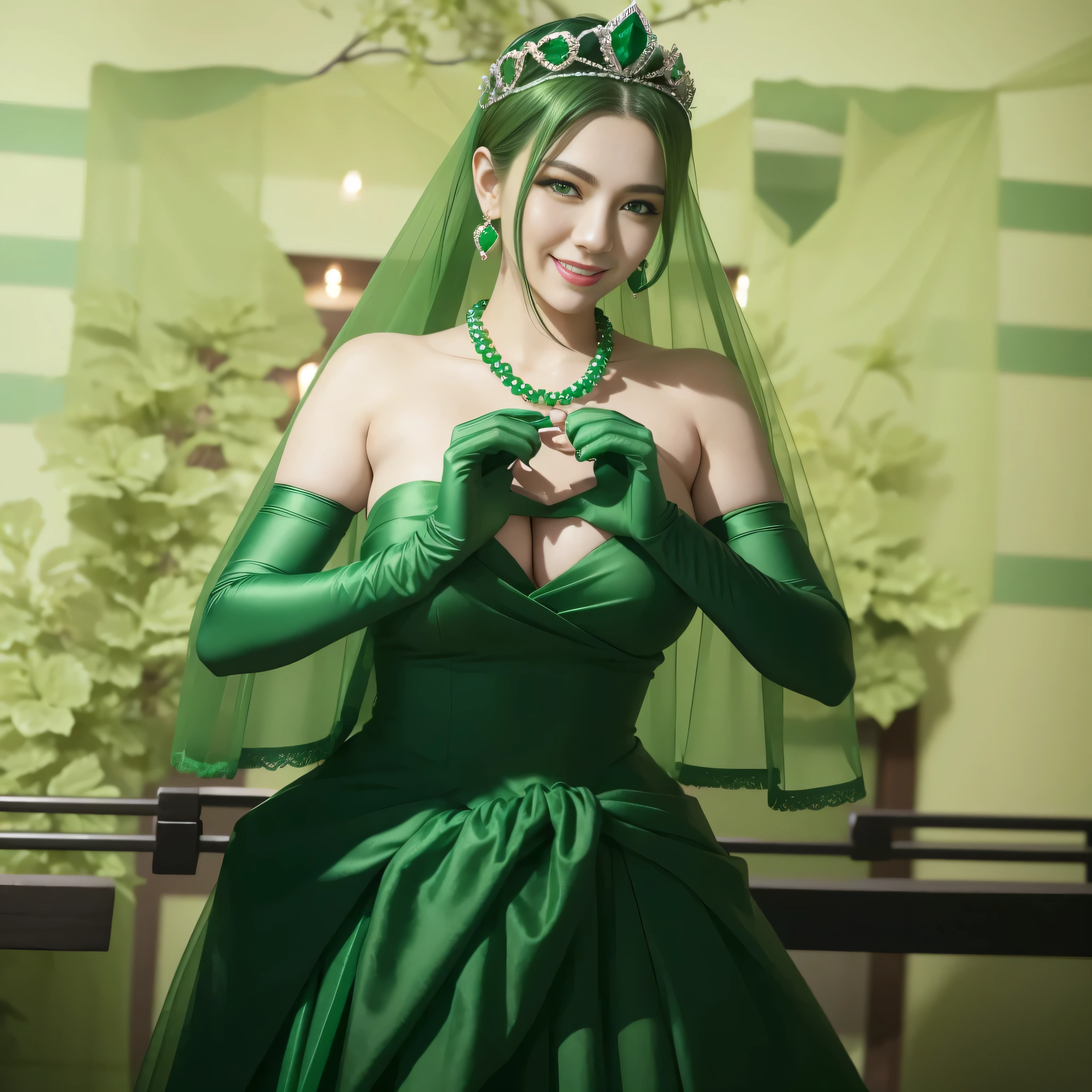 emerald tiara, green pearl necklace, ボーイッシュな非常に短いgreen hair, lipstick, smiling Japanese woman, very short hair, Beauty with large breasts, green eyes, Long Green Satin Gloves, green eyes, emerald earrings, green veil, heart with both hands, green hair