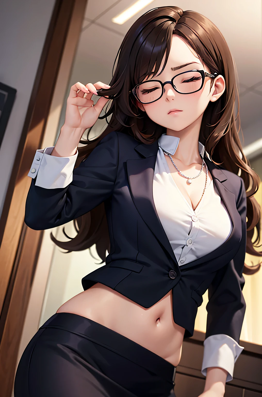 super fine illustration, vibrant colors, masterpiece, sharp focus, best quality, depth of field, cinematic lighting, ultra detailed, business jacket, office lady, 1 woman, solo, midriff, tummy, belly button, navel, ceiling, close up, looking at self, curly hair, long hair, straightskirt, pearl necklace, makeup, dark brown hair, annoyed, eyes closed, from below, glasses, hand on forehead