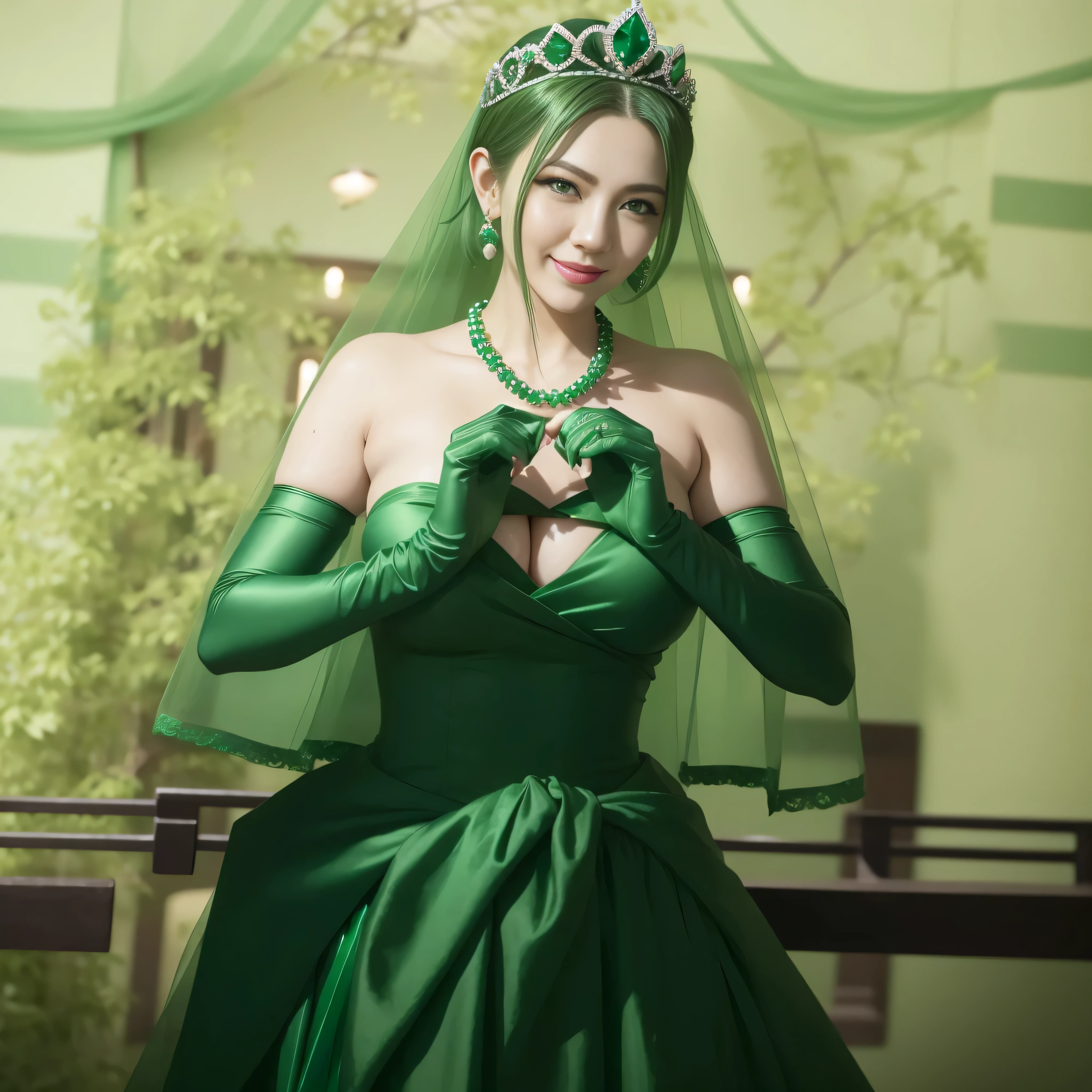 emerald tiara, green pearl necklace, ボーイッシュな非常に短いgreen hair, lipstick, smiling Japanese woman, very short hair, Beauty with large breasts, green eyes, Long Green Satin Gloves, green eyes, emerald earrings, green veil, heart with both hands, green hair