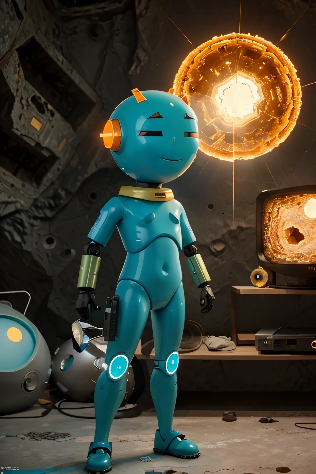 A Modern flat toon Crazy whit a Only Eye Robot and helmet Style, tongs in hands, Tv head, pinhead, camouflage Cyan Yellow Rusty, Ambient in a meteorite crater super detailed, center, beautiful, soft lighting, focused on the character, 4K resolution, photorealistic rendering.
