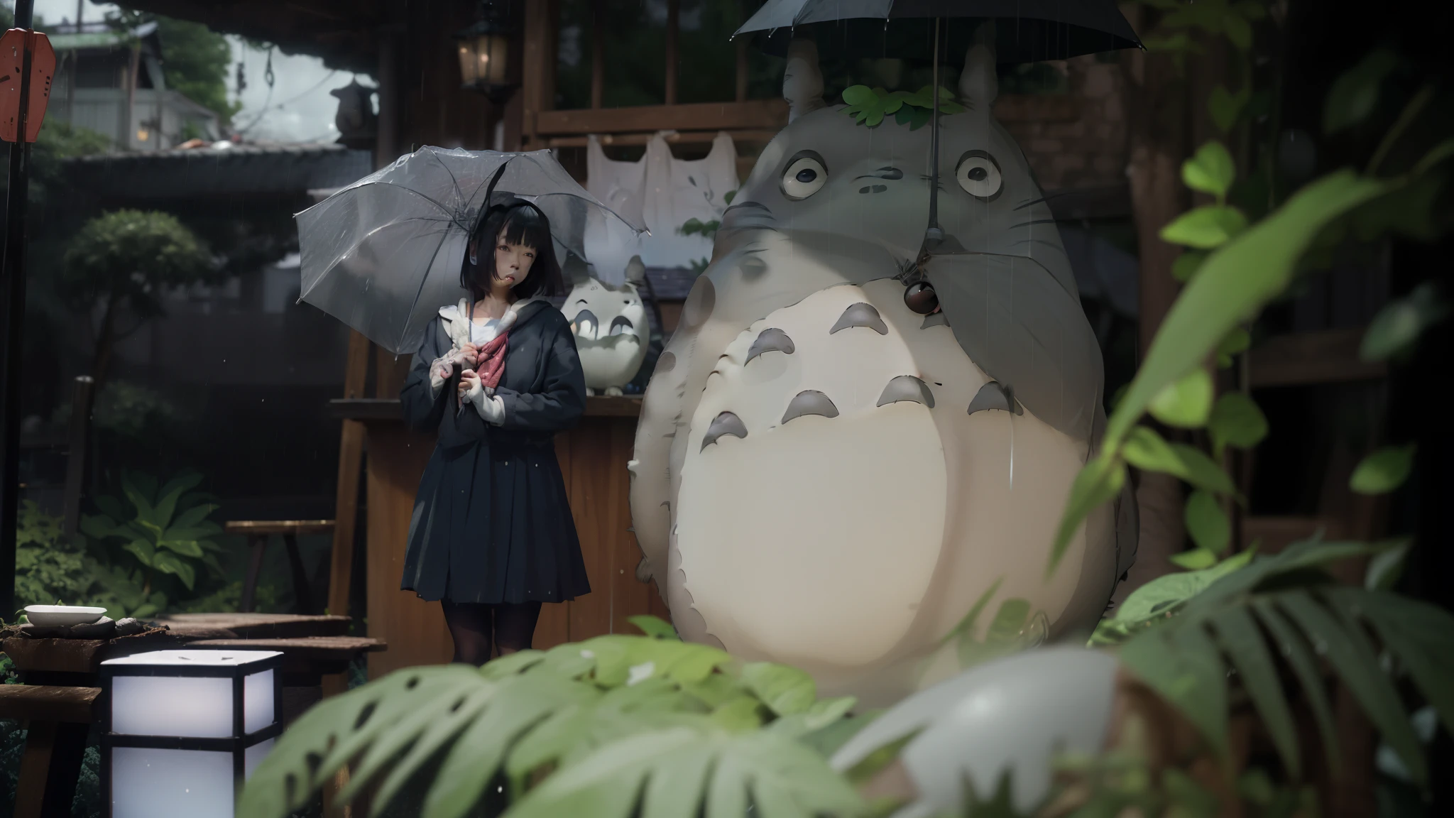 ((Totoro_MY NEIGHBOR TOTORO)),((realistic, photorealistic)),(highlight hair)), Light reflection, (( HD )),((upper body)), (((best quality, masterpiece))), (masterpiece) (best quality) (detail) (8k) (HDR) (wallpaper) (cinematic lighting) (sharp focuasterpiece, best quality: 1.1), 1men solo, Totoro, shadow,back light,rain,Transparent white umbrella, blurred leaves foreground, Studio Ghibli style,