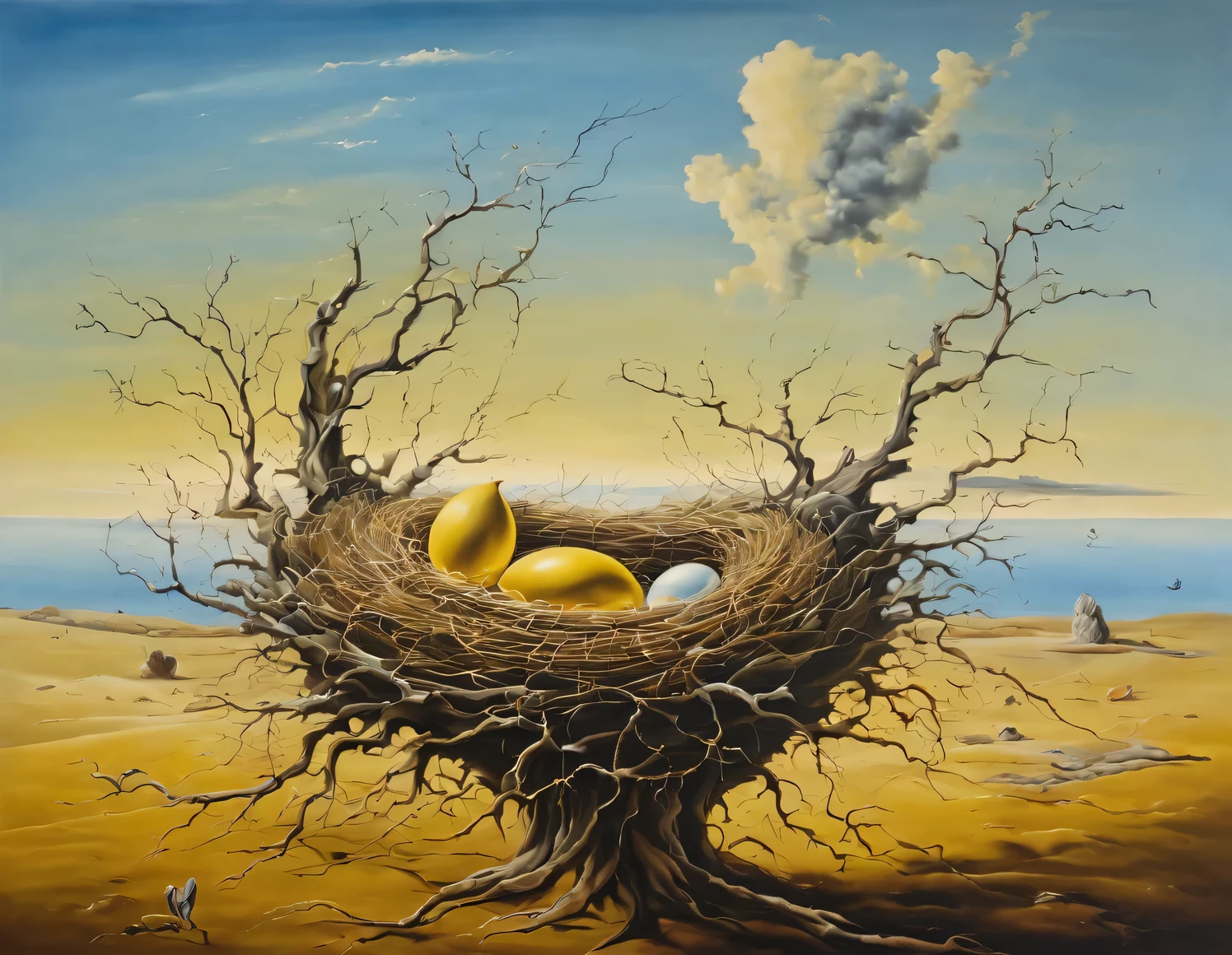 Oil painting in the style of Salvador Dali.., I have a nest, full compliance with the style of Salvador Dali, high detail, oil painting on canvas