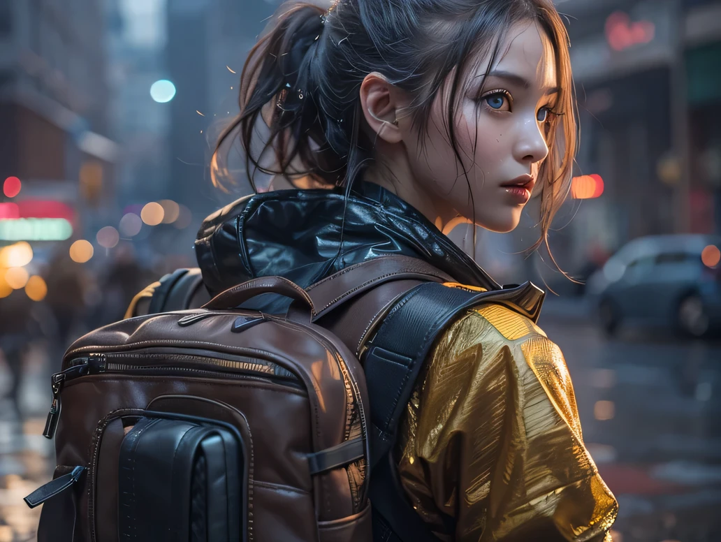 cyberpunk world war 3, cinematic composition, Fantasy digital painting by Greg Rutkowski and James Gurney, Trending at Art Station, very detailed, hyper realistic, realistic, photorealistic, dynamic lighting, very detailed, cinematic landscape, Studio Landscape, studio lighting, rain, cigarette, 1 cute girl, ((idol face)), (symmetrical eyes:1.35), (beautiful and fine eyes:1.65), short wavy blonde hair, wet hair, wet skin, combat uniform, Backpack,