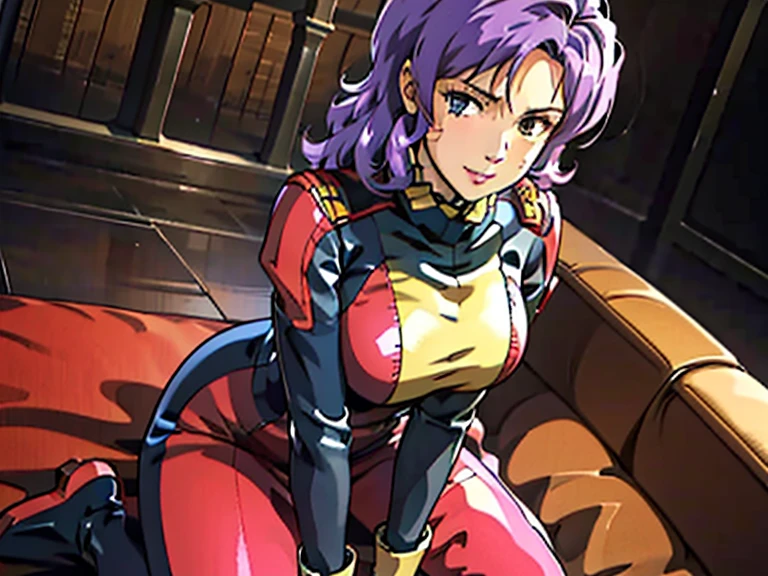 red,Pink military uniform, purple hair ,blue eyes,lipstick, long hair, 1 girl, 20 years,young women,Beautiful finger,beautiful long legs,beautiful body,beautiful nose,Beautiful character design, perfect eyes, perfect face,expressive eyes, looking at the audience, in the center of the image,(Light_Smile:0.5), official art,Extremely detailed CG unified 8k wallpaper,, elegant, masterpiece, complex, actual, best quality, Internal, luxury villa, High facial detail, perfect eyes, mature woman, Women journalists, illustration, bright colors, Put your hands on your chest, big breasts, 粉red的顶部, Brown boots, black, Sitting on the sofa, black, Brown riding boots, white commander, actual facial details, realism, 3D 脸, single