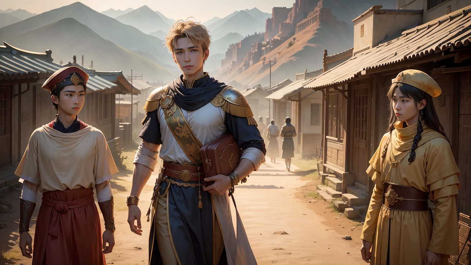 Portrait of Constantine the Great。17youth at a young age。Dress of the late Roman Empire。meek and、He has a gentle smile on his face。kind and sharp eyes。Plains of Moesia。city of nish。far away、Mountains that spread out overlapping ridgelines々can be seen。Concept art reminiscent of the beginning of an epic adventure。A boy's coming-of-age story。Super high quality。Professional high image quality like a Hollywood blockbuster movie。The lion is more slender。golden sunrise。