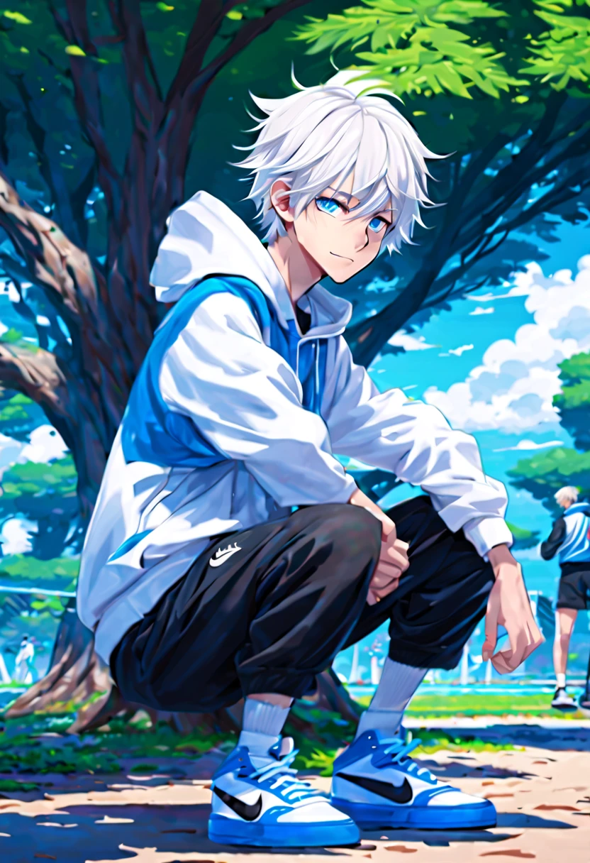 masterpiece，best quality，4k quality，full body character， 
 boys，sports student，Handsome boy，cute，，anime characters，blue eyes，smirk，male focus，animal ears，white hair，Upper body black Nike hoodie，Wear white three-quarter shorts，standing posture，Wear basketball shoes，Wear fingerless gloves on your hands，Tree background face clear