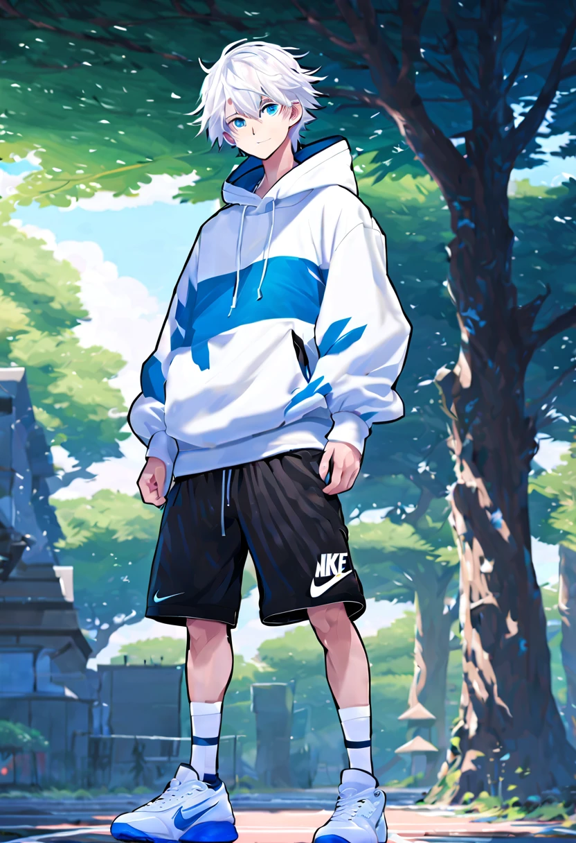 masterpiece,best quality,4k quality,full body character,
boys,sports student,Handsome boy,cute,14 years old,anime characters,blue eyes,smirk,male focus,animal ears,white hair,Upper body black Nike hoodie,Wear white three-quarter shorts,standing posture,Wear basketball shoes,Wear fingerless gloves on your hands,Tree background face clear