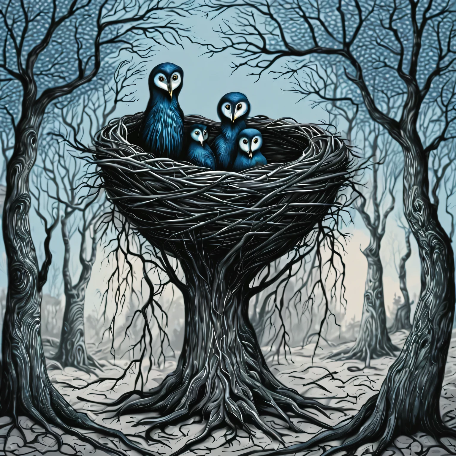 (style Эдвардгори:1) Nest of dry branches, big and rough, with many intertwined branches and leaves, gray branches with a blue tint, Against the backdrop of a winter forest, complete imitation of Edward Gorey&#39;style