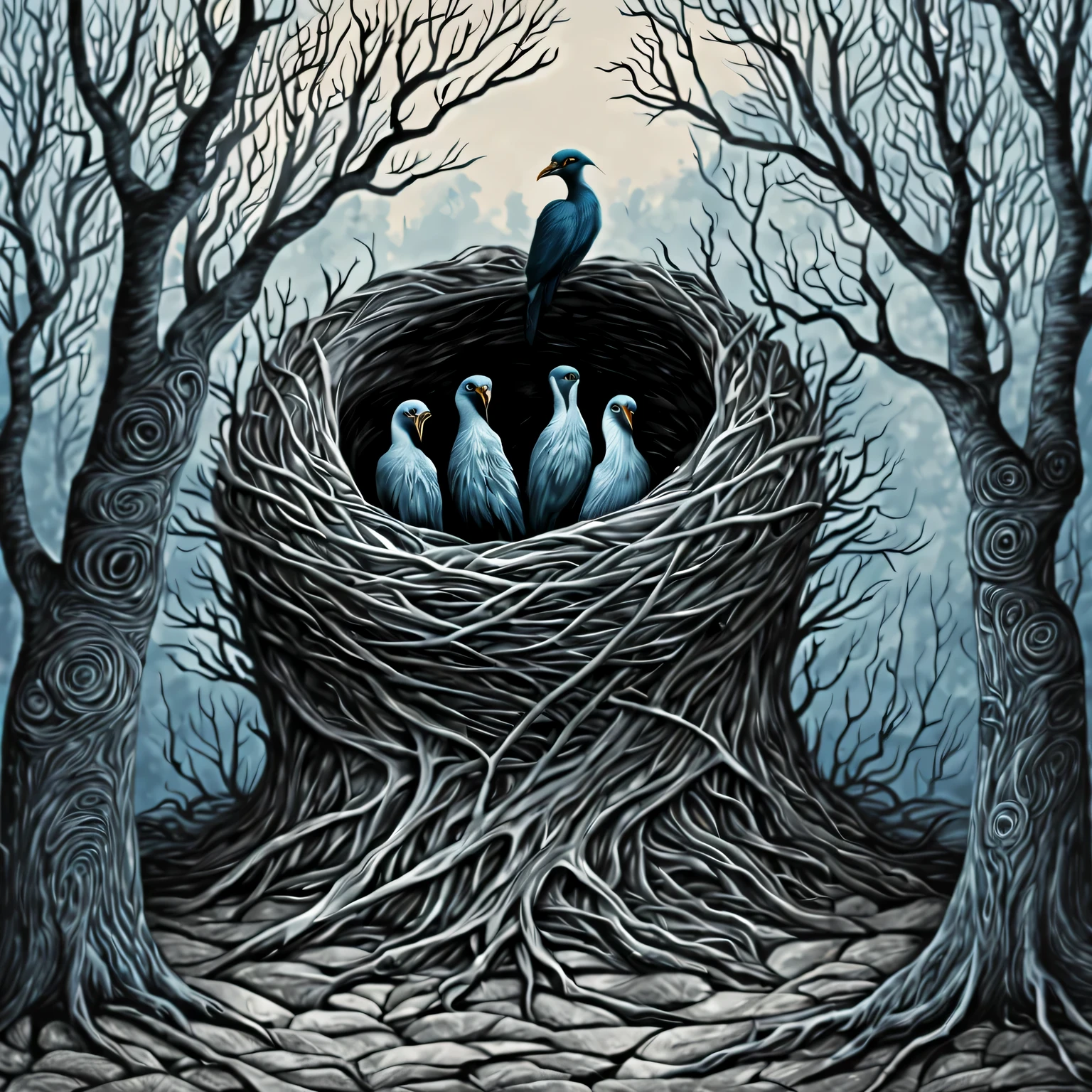 (style Эдвардгори:1) Nest of dry branches, big and rough, with many intertwined branches and leaves, gray branches with a blue tint, Against the backdrop of a winter forest, complete imitation of Edward Gorey&#39;style