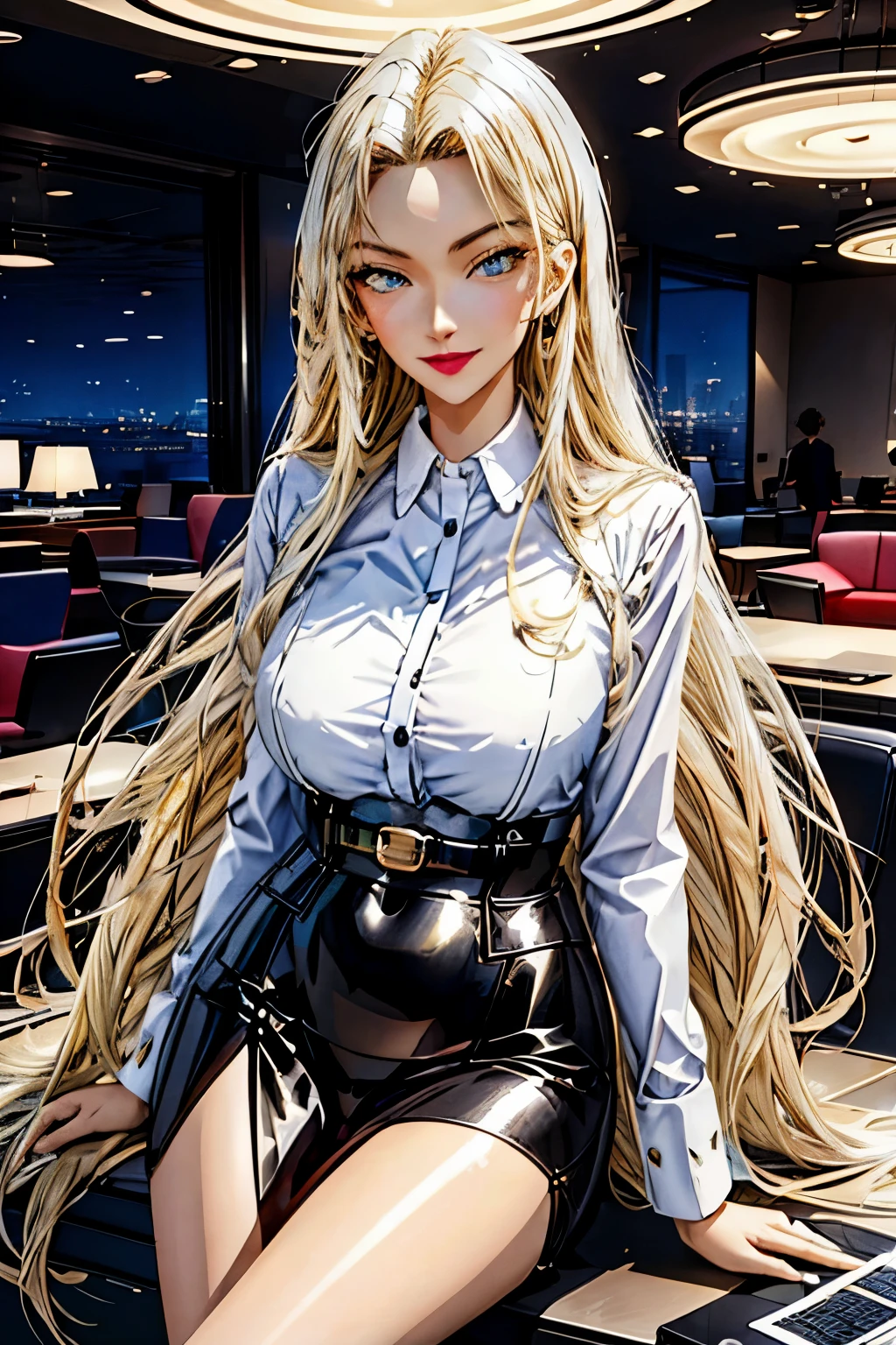 A super sexy secretary, seductive, perfect figure, masterpiece:1.2, high-quality, high-resolution, golden long hair, confident smile, beautiful detailed eyes, professional office attire, sharp focus, soft lighting, vibrant colors, highly detailed background, strategic posture, subtle makeup, realistic skin texture, exquisite jewelry, ultra-detailed, modern furniture, elegant office environment, high-end desktop computer, professional demeanor, captivating gaze, alluring curves, stylized office environment, a beautiful woman