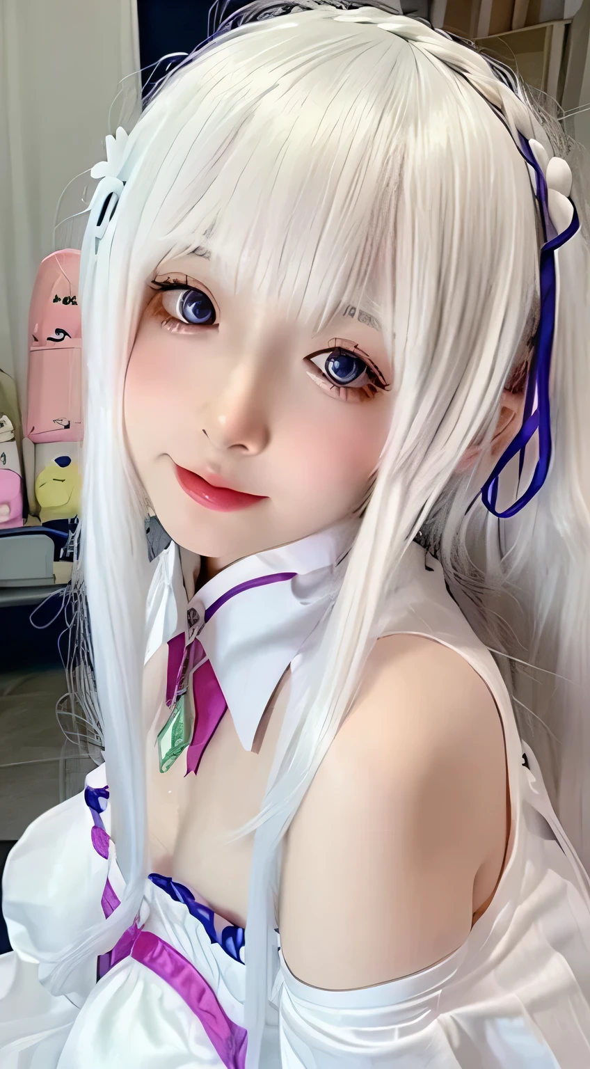 Impeccable，（（（from above））），（（（octave shot））），Ultra-clear，Volumetric lighting，realistically， and cute， Cute little loli，very shy，Raised sexy， fair and soft skin， Eyes are very delicate，Delicate nose，delicate little ，（（（blue））），one of the beautiful girls，cute female ，round little face，（External），bare shoulders，Naked waist，the creamy smooth skin