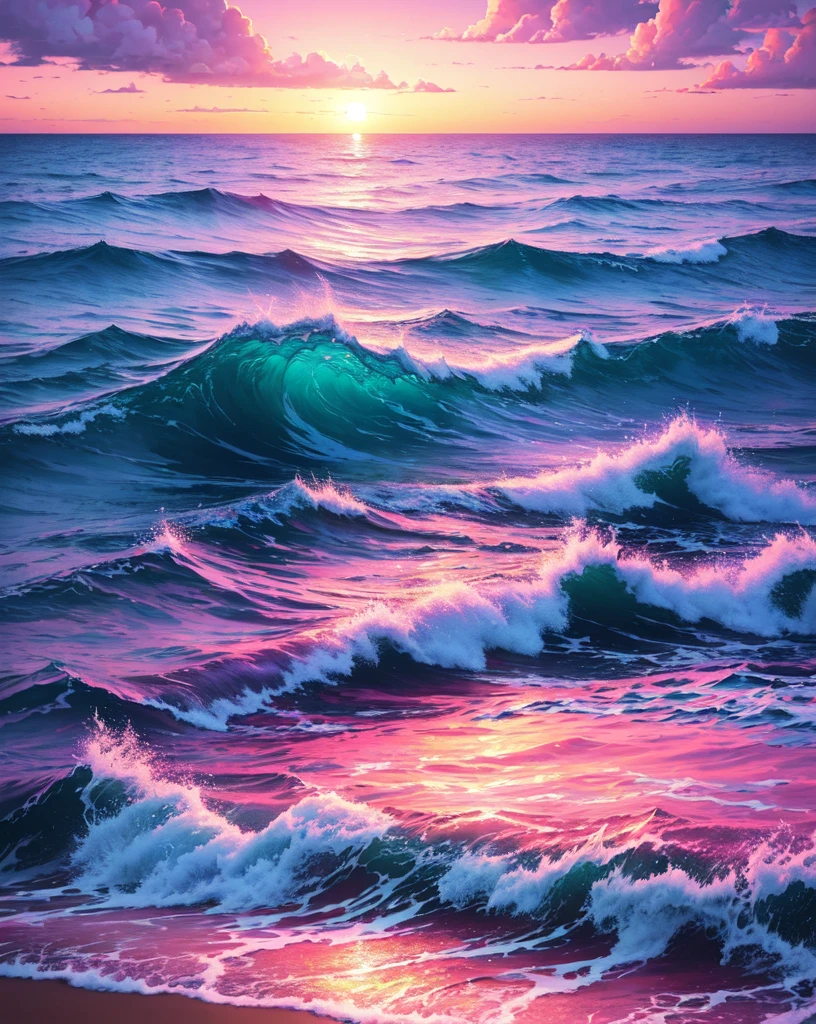 painting of sunset over the sea, digital painting, tumbler, Wallpaper Anime Blue Water, Pink and blue colors, clouds and gentle waves, vibrant loss draw pastel, endless ocean, Magenta and blue
