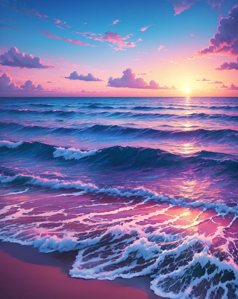 painting of sunset over the sea, digital painting, tumbler, Wallpaper Anime Blue Water, Pink and blue colors, clouds and gentle waves, vibrant loss draw pastel, endless ocean, Magenta and blue