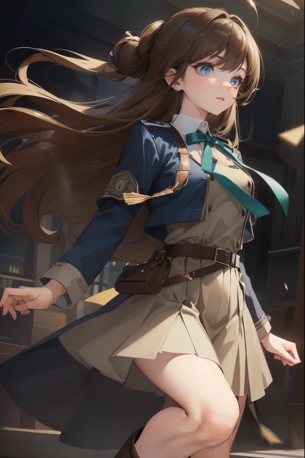 long hair, bangs, brown hair,hair accessory， (Brown eyes:1.2), break shirt, long sleeve, dress, ribbon, school uniform, white shirt, collared shirt, belt, neck ribbon, blue dress, green ribbon, pleated dress, grey dress, two-tone dress, blue belt, lycoris uniform, break outdoors, city, break (masterpiece:1.2), highest quality, High resolution, unity 8k wallpaper, (figure:0.8), (beautiful and fine eyes:1.6), highly detailed face, perfect lighting, Very detailed CG, (perfect hands, perfect anatomy),whole body，boots