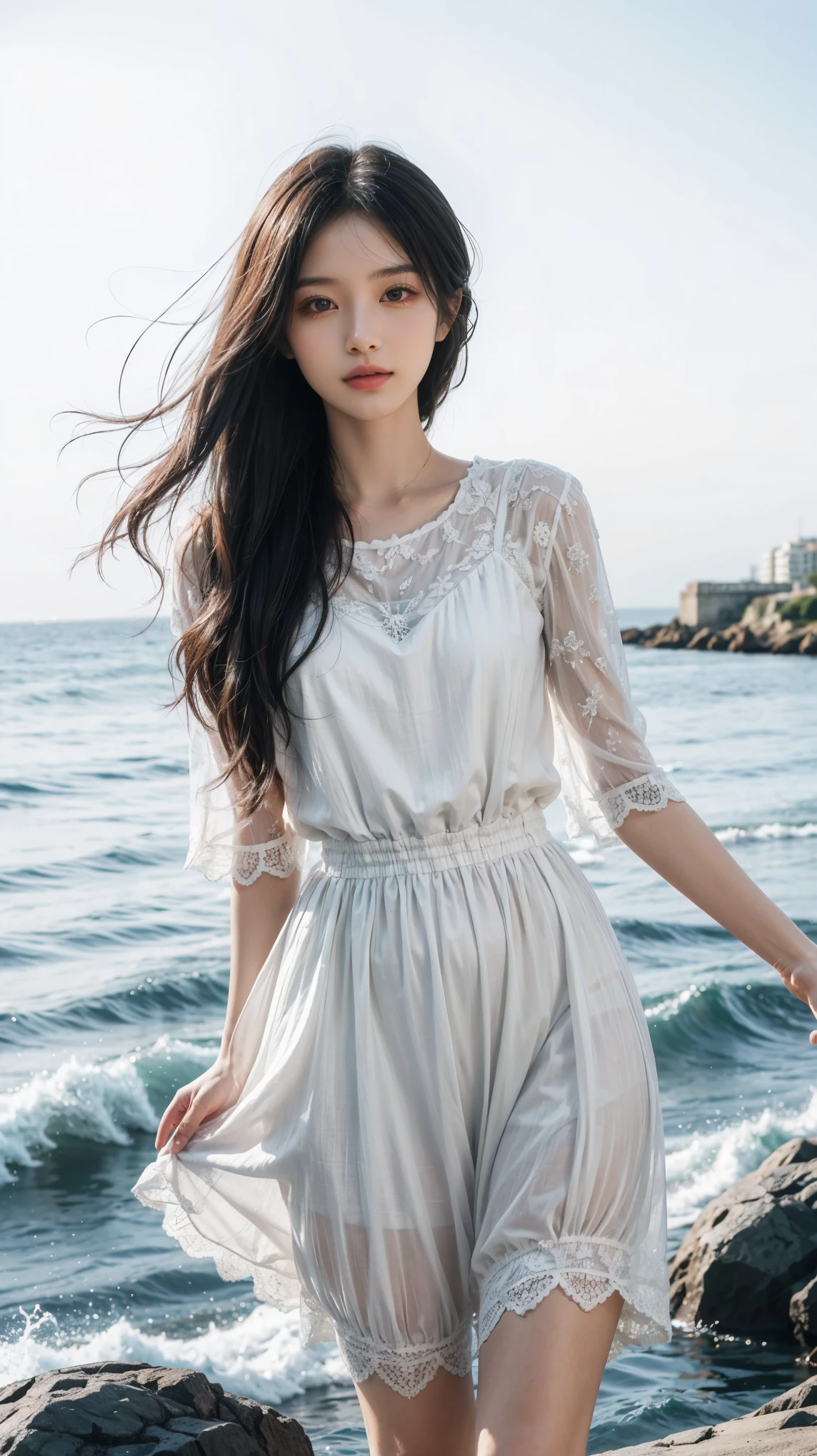 1 girl,kawaii,Detailed face,looking at the audience,focus,masterpiece,best quality, high resolution,8k,complex,elegant,Very detailed,Dynamic lightingBREAKLong hair flows elegantly in the gentle sea breeze,The fading sunlight casts warmth, The ethereal light in the scene. She wears a flowing, Light-colored dress that flutters in the wind. Waves in the background gently kiss the shore, There is a sense of tranquility in the air, The overall atmosphere should evoke a sense of serenity and beauty