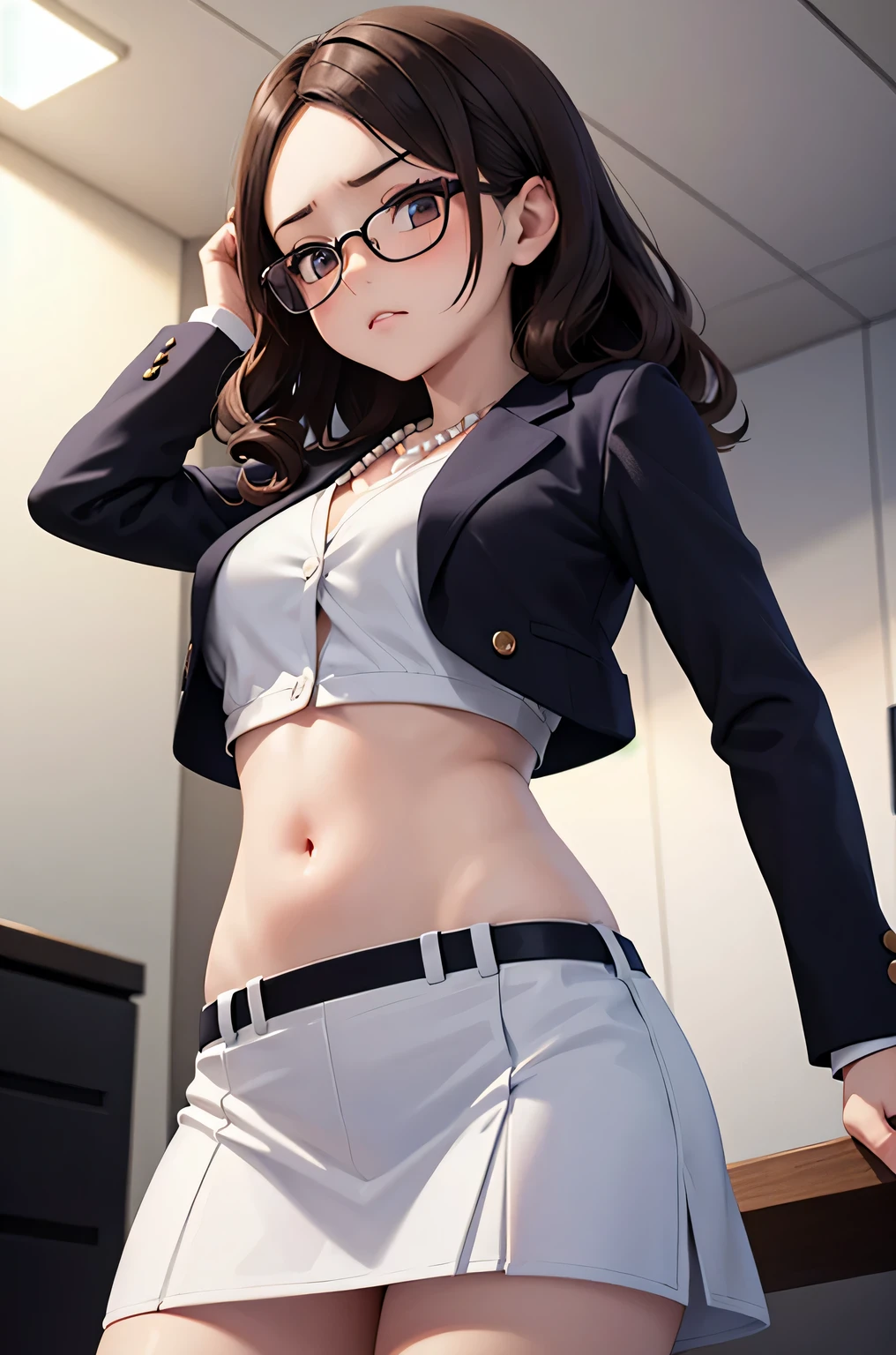 hair bun,1 girl, solo, medium breasts, tummy, tied shirt, collared shirt, pencil skirt, blush, annoyed, belly button, midriff, navel, business jacket, glasses, office