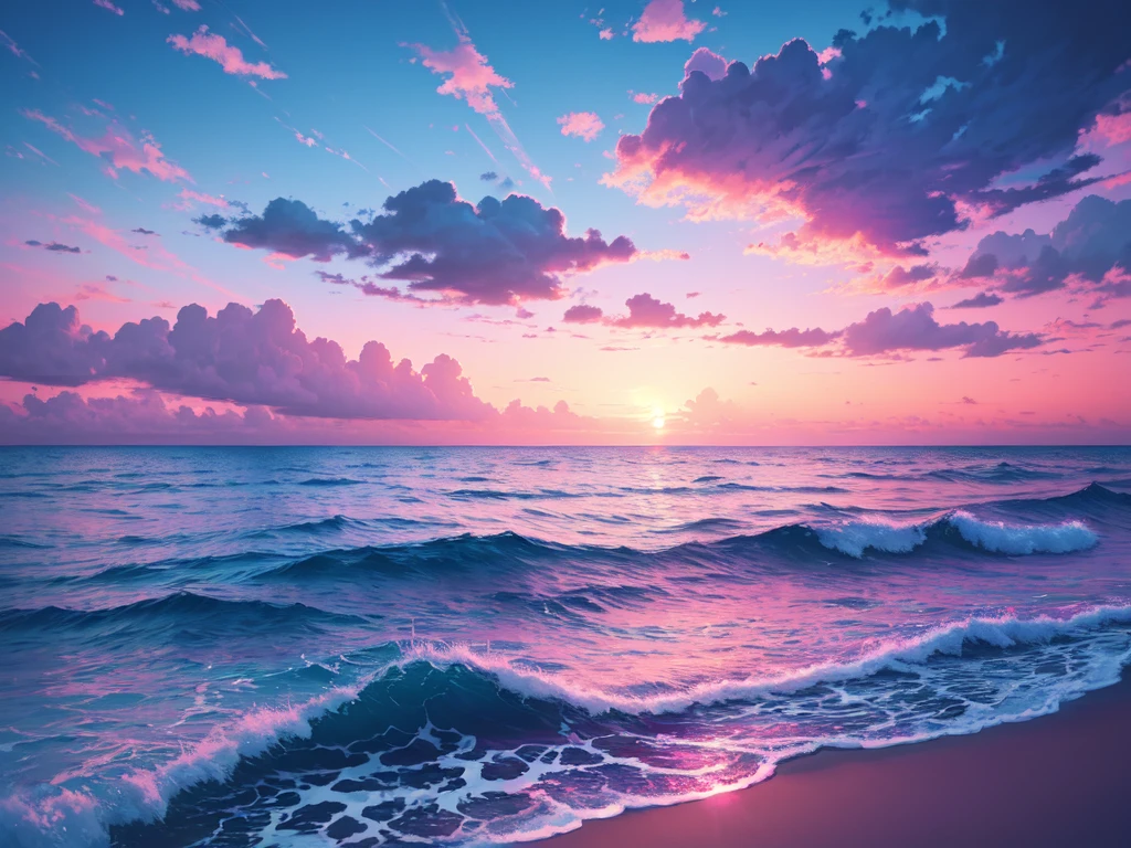painting of sunset over the sea, digital painting, tumbler, Wallpaper Anime Blue Water, Pink and blue colors, clouds and gentle waves, vibrant loss draw pastel, endless ocean, Magenta and blue