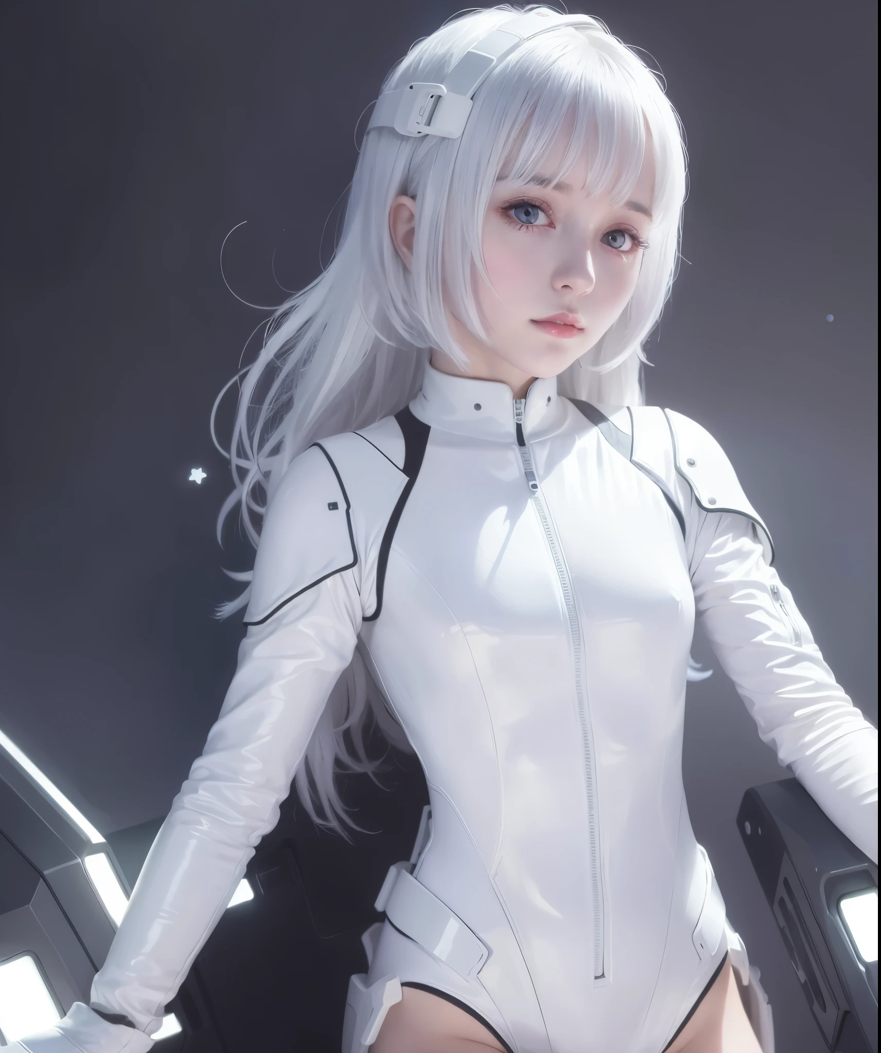(8K, highest quality, masterpiece:1.2),High resolution,masterpiece,ultra detail,alone,1of girl,(white color of background:1.5),(Delicate eye),((whitehair)), short_hair, starry_null, alone, night_null, red_eye, silver latex bodysuit, pilot_suit, fronthair, light_particle, ((triangular psychosensory apparatus on both sides of the head)), taut_clothes, medium-breasted, bokeh, mechanical-like clothing, Small logo pattern on chest zero, Vaginal Foreign Object Insertion, Very cute human 8 year old girl face,