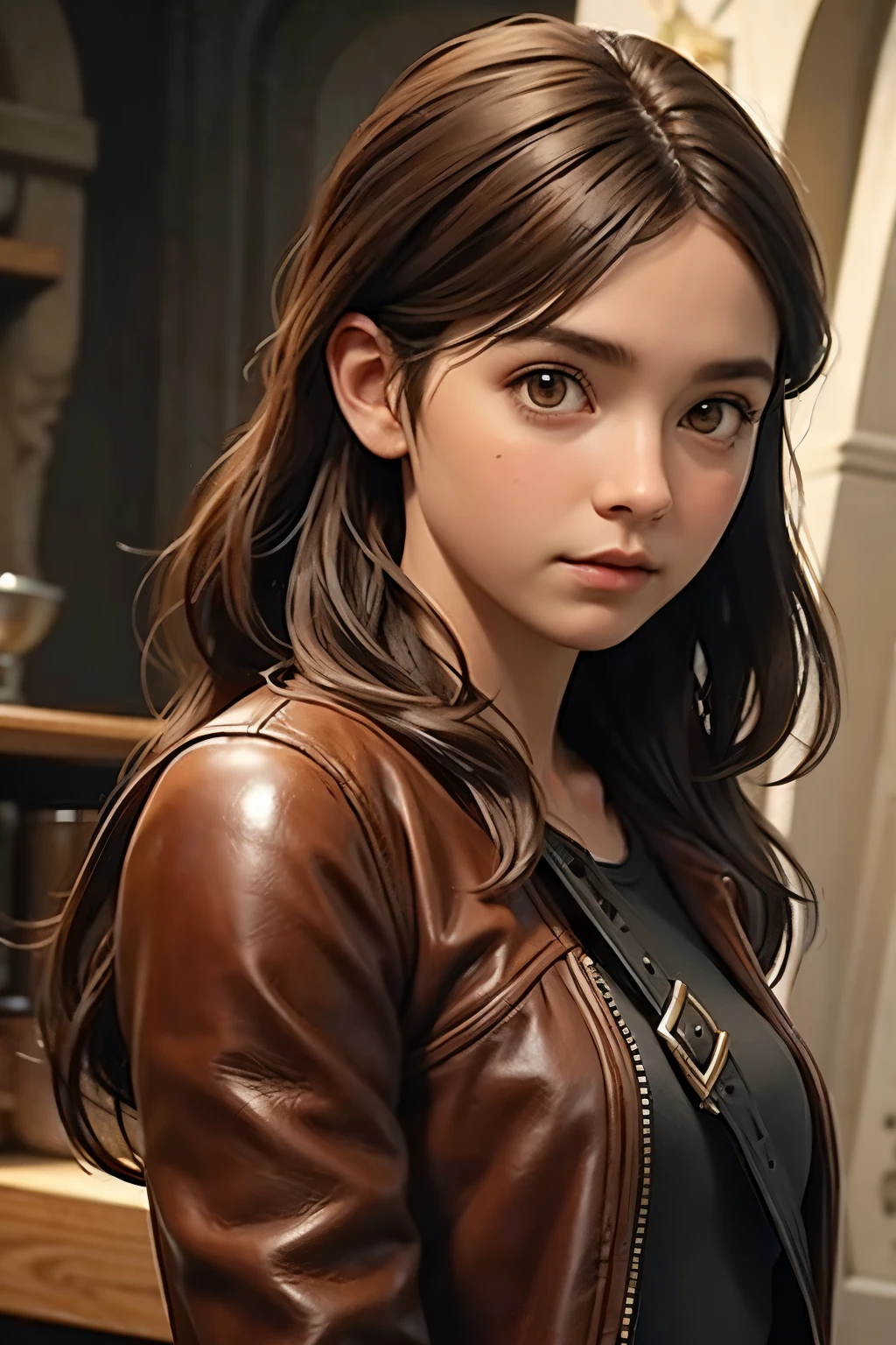 Cute fantasy thief girl with brown eyes and brown hair in leather clothes