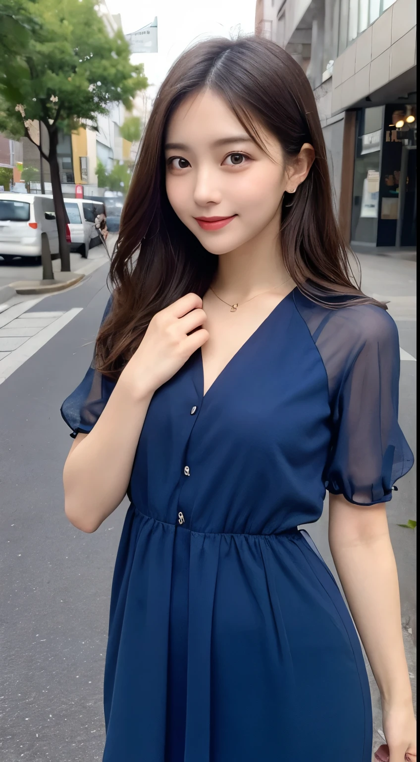 Woman standing by the lake、Beauty、Uniform eyes、20 years old、university student、Wearing a short-sleeved blouse、(((She is wearing a long navy blue dress)))、(((Wearing white panties)))、Smiling、Hands in front、Medium build、Small Bust、Viewer's gaze: Looking at the whole body from the front、, black hair, bangs, long hair, messy hair, light smile, Surrealism, cinematic lighting, tachi-e, first-person view, pov, cowboy shot, f/1.2, Nikon, UHD, best quality, highres, 8k
