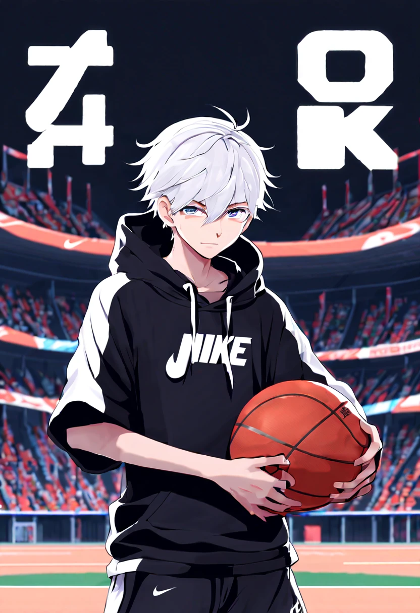 masterpiece，best quality，4k quality，full body character， Full body boy，sports student，Handsome boy，cute，14 years old，anime characters，white eyes，smirk，male focus，white hair，Upper body black Nike hoodie，Wear white three-quarter shorts，standing posture，Wear basketball shoes，Wear fingerless gloves on your hands，Football field background face clear