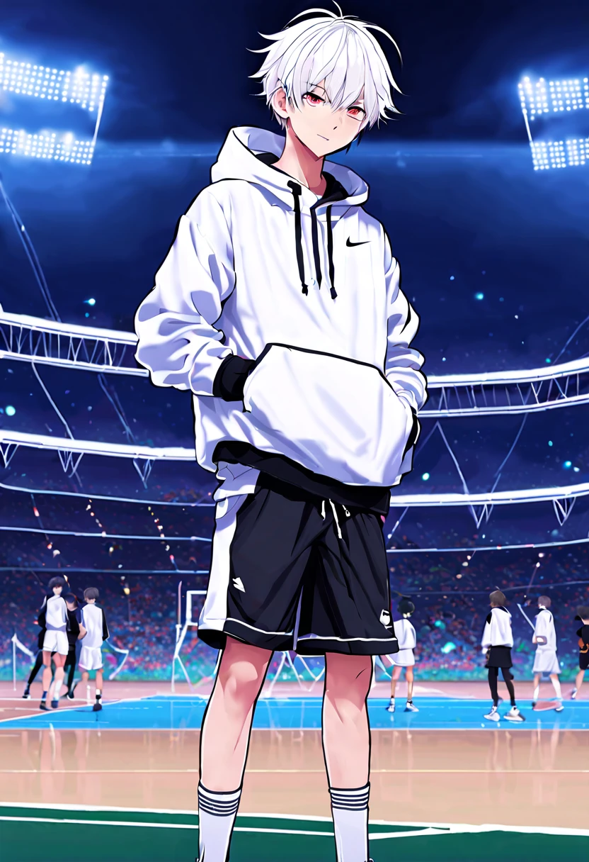 masterpiece，best quality，4k quality，full body character， Full body boy，sports student，Handsome boy，cute，14 years old，anime characters，white eyes，smirk，male focus，white hair，Upper body black Nike hoodie，Wear white three-quarter shorts，standing posture，Wear basketball shoes，Wear fingerless gloves on your hands，Football field background face clear