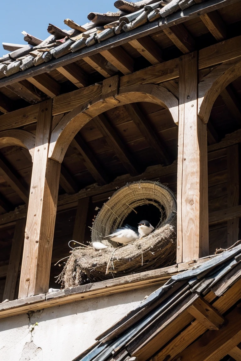 Swallow's nest under the eaves, focus on the nest