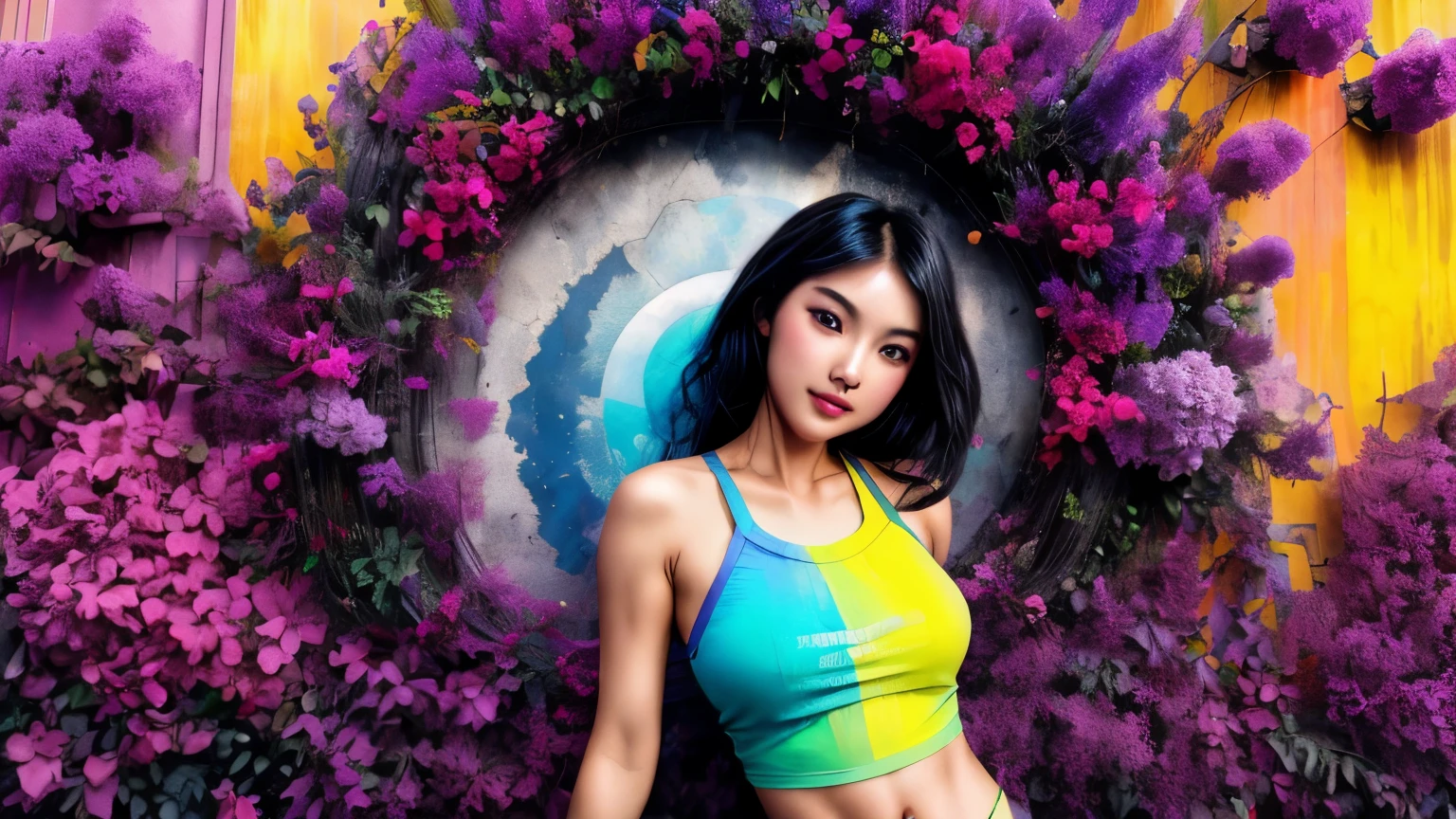 BELLA CHICA JOVEN, PRECIOSA, HERMOSA, sonriendo mostrando boca avierta, sensual, brazos abiertos hacia el espectador, fractal, Gran plano genera de un Modular INDU [Poulomi Das], wearing a romantic tank top, Maquillaje De Lavanda, Acid colors and rainbow background., at noon, novela visual, Arte Industrial, black lighting, lomography,