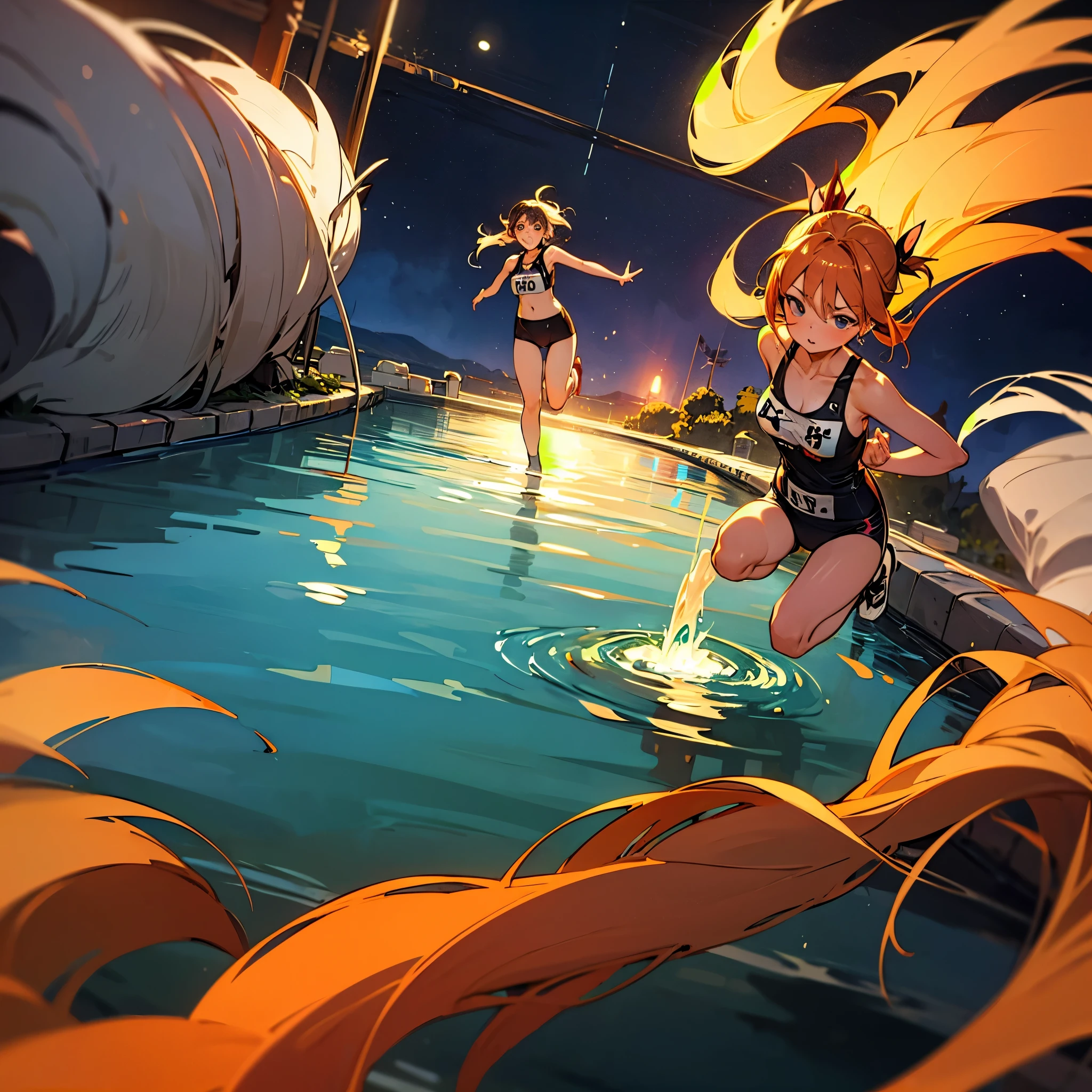 highest quality,perfect masterpiece,perfect artwork,A girl soaking in a hot spring and succubi are running a race.、Desert Night