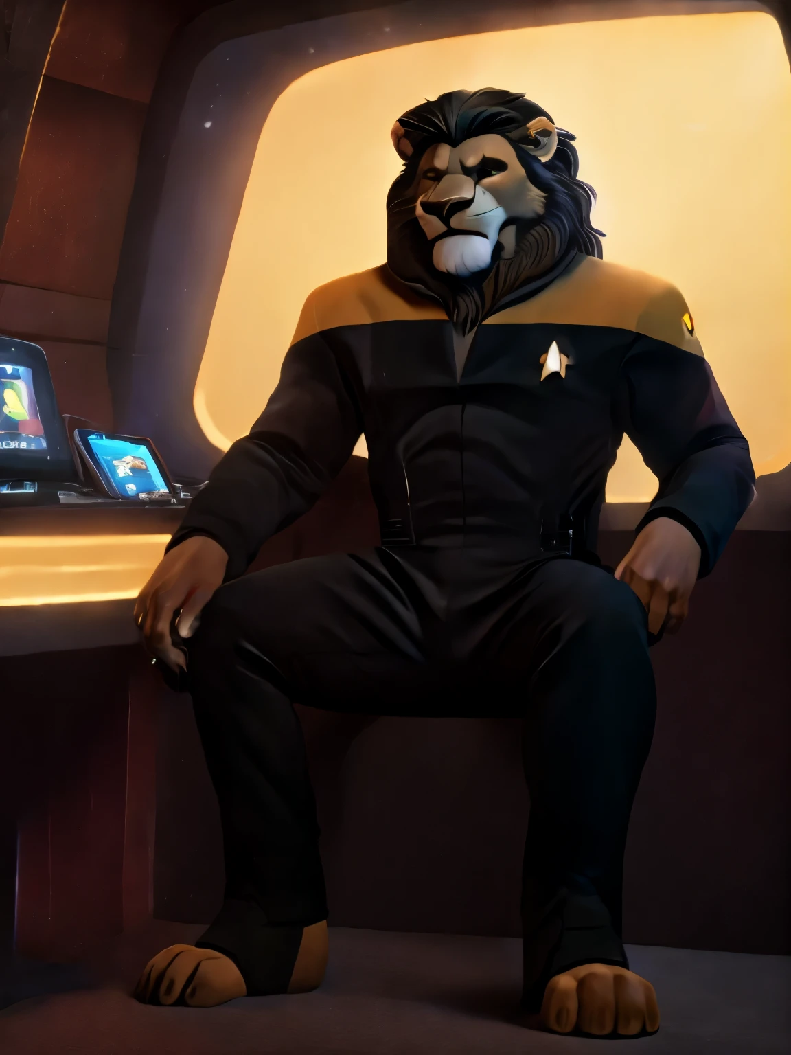 full body picture, full figure image, masterpiece, best quality, soft light, bokeh, real shadow, cinematic, The barefoot male muscular furry character resembling Scar from Lion King (anthro lion with orange fur, black mane with with white strand), exudes confidence and authority as he sits in the captain's chair, and his red and black Star Trek Voyger uniform with the Starfleet Delta badge on his chest is a perfect match for his muscular figure. Handsome clawed feet paws dominate the bridge of the ship and its crew. Long black pants and red and black shirt without sleeves. Bridge of starship with many screens and consoles as background, futuristic look, metalic. high resolution, anatomically correct, digital art style, photoreal, visible feet, nice big paws with pawpads