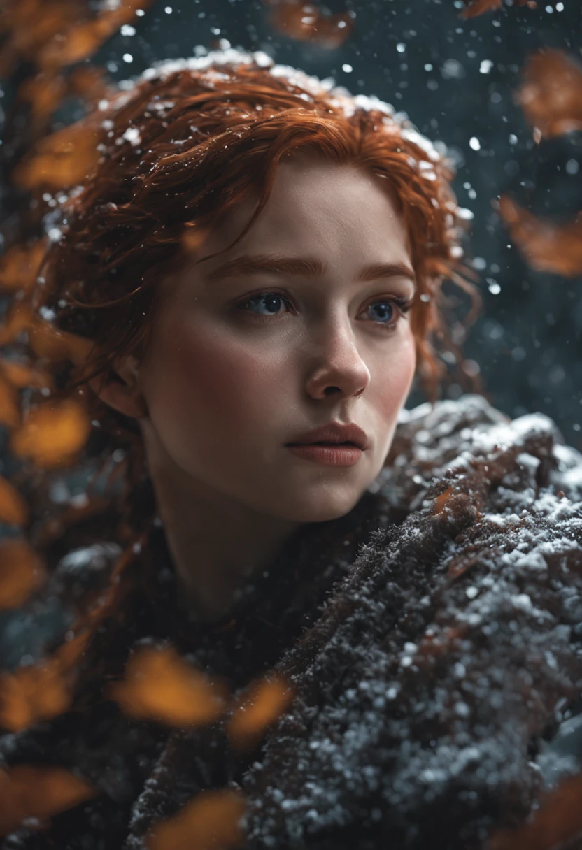 Very Close-up, front view, of disney anna, wet pale skin , first snow, flakes, partial snow cover, cinematic film still, breathtaking, Falling frozen leaves, melancholic mood, papery texture,  nature's whispered farewell in rustling gusts, photo-realism, film grain, film still, bokeh, intricately detailed, , perfect composition, beautiful detailed intricate insanely detailed octane render trending on artstation, 8 k artistic photography, photorealistic concept art, soft natural volumetric cinematic perfect light, chiaroscuro, award - winning photograph, masterpiece, oil on canvas, raphael, caravaggio, greg rutkowski, beeple, beksinski, giger