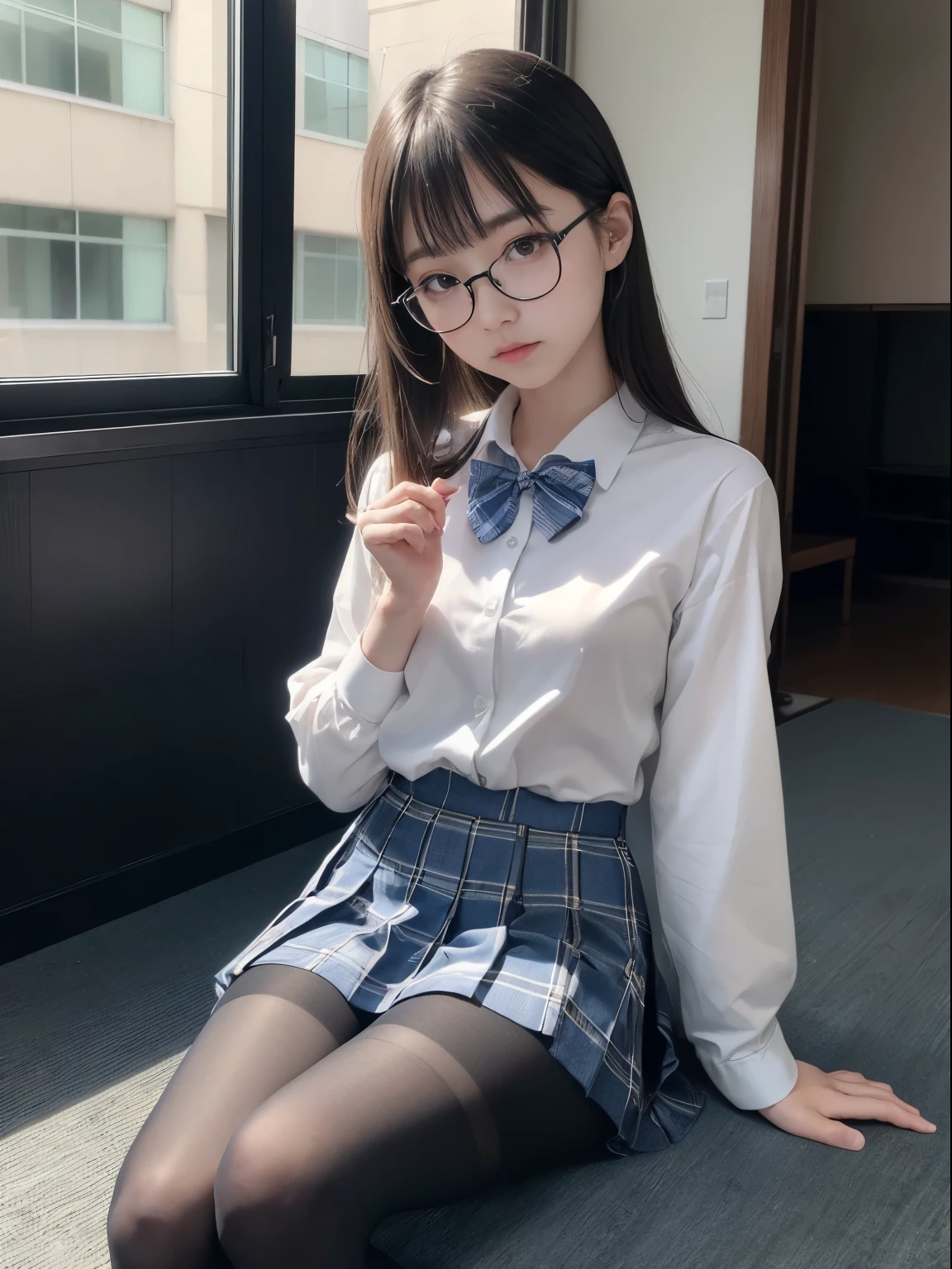 (I can see my underwear)、((細いeye))、((細いeye))、((細いeye))、(8K、生photographgraphy、highest quality、masterpiece:1.2),、small、(flat chest)、(flat chest)、(flat chest)、(flat chest)、(flat chest)、(Are thin)、Fair skin、Whitening、dark look、skinny,sex appeal,Fair skin肌,Saucy,School,looking at the viewer,looking straight ahead,high-pitched clothes,erotic,students,white skin,knees,(((black pantyhose)),((black pantyhose))),disorganized,(small face),(small face),I can see the forehead,Bangs hanging from the left and right sides of the forehead,(cold look,eyeがきつめ,glare,bullish,anger)、masterpiece,highest quality、ultra high resolution,生photograph,beautiful,beautiful,There is only one person, solo,Glasses,,dark look,small breasts same,full body,(まるGlasses),JK uniform,high school girl,japanese woman, (photorealistic:1.37)、photon mapping,Reality、beautiful woman,cute baby face,ブラウンeye、black socks、(red bow tie)、radio city、Physically based rendering、depth of field rally background、photograph,body,beautiful feet, long legs, thin legs,(I can see my bangs), Hairy pubic area, lips, blue_eye, nose soft,(light blue dress shirt), (Navy, blue and white plaid pleated skirt), kneesが見える,transparent clothing,, Peaches, black cotton socks,Nogizaka Idol, , japanese idol