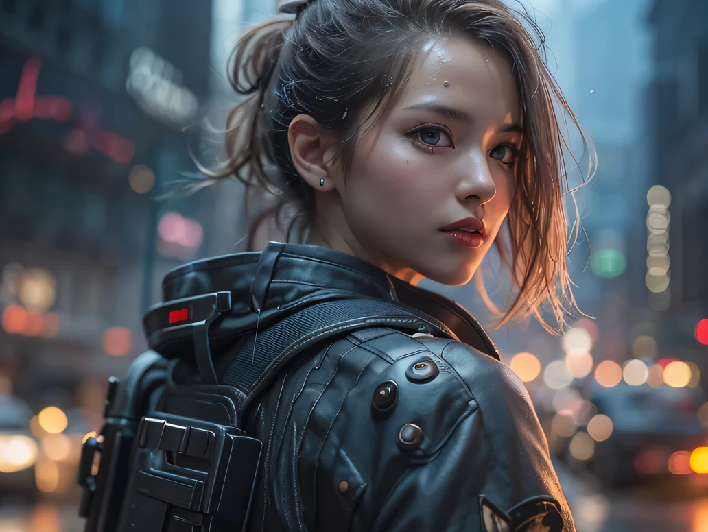 cyberpunk world war 3, cinematic composition, Fantasy digital painting by Greg Rutkowski and James Gurney, Trending at Art Station, very detailed, hyper realistic, realistic, photorealistic, dynamic lighting, very detailed, cinematic landscape, Studio Landscape, studio lighting, rain, cigarette, 1 cute girl, ((idol face)), (symmetrical eyes:1.35), (beautiful and fine eyes:1.65), short wavy blonde hair, wet hair, wet skin, combat uniform,