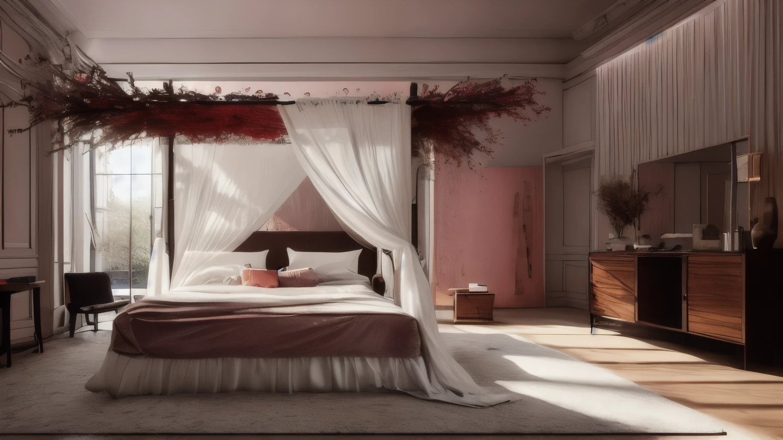hyper ultra realistic photographs full body of Imagine a canopy bed draped in sheer white fabric, adorned with delicate strings of fairy lights. Garlands of pink and red roses cascade from the ceiling, their petals brushing against the soft pillows adorned with lovebirds or embroidered hearts. ratio 16:9, 4k, 8k resolution, High quality photo, high detailed, imagesharp focus, Cinematic lighting,hyperdetailed & Unreal engine, detail, realism, photography,cinematography, camera NIKON, lens NIKKOR flagship, masterpiece. hyper-maximalism, ultradetailed photorealistic, light skin imperfections, final render, vray, photo, fashion