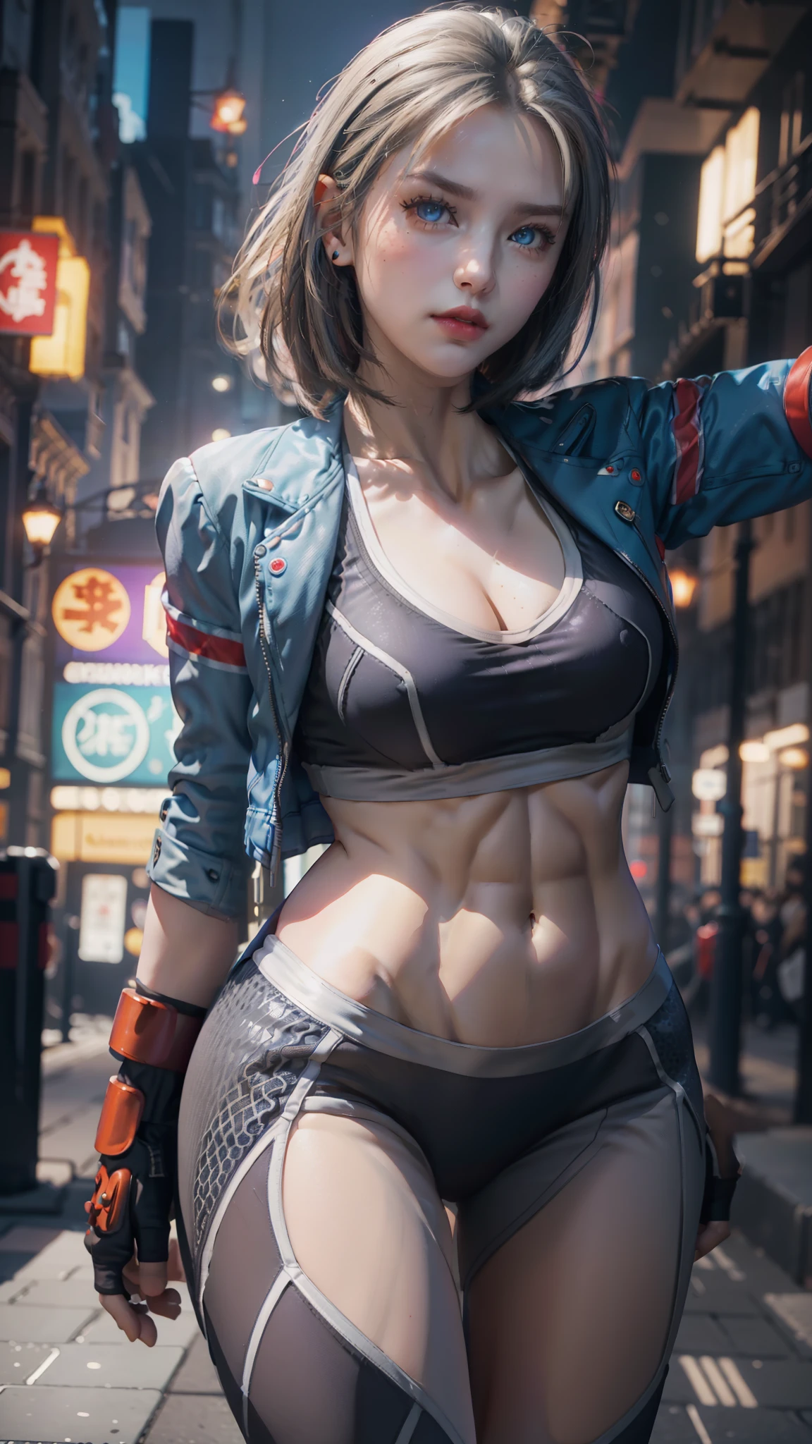((best quality, 8k, masterpiece: 1.3)), delicate eyes, double eyelids, (1 girl), (Left Face Scar), (28 years old, Sexy Mature), (Vest line, thin waist, buttocks), (blue jacket), ((big blue eyes, long eyelashes)), ((pout)), ((Firm nose)), (Realistic skin details), Detailed face, The best light, best shadow, edge lighting, Ray tracing, Unreal Engine 5, (《streetfighter6》Cami White in, Game CG character modeling)), beautiful shiny hair, (((Dark gray pantyhose)))), muscular, collar, abdominal muscles, (Medium chest hard), (Leg muscle lines), neon lights, Bustling and lively streets, High-rise buildings in the distance, night, NVIDIA RTX, super resolution, Unreal 5, subsurface scattering, PBR texture, post processing,Anisotropic filtering,depth of field,Maximum clarity and sharpness,multi-layer texture,Albedo and specular maps,surface coloring,Accurate simulation of light-material interaction,Perfect proportion,octane rendering,Two-tone lighting,Large aperture,Low ISO,white balance,rule of thirds,8k RAW,