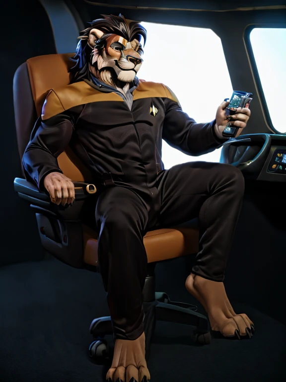 full body picture, full figure image, masterpiece, best quality, soft light, bokeh, real shadow, cinematic, The barefoot male muscular furry character resembling Scar from Lion King (anthro lion with orange fur, black mane with with white strand), exudes confidence and authority as he sits in the captain's chair, and his red and black Star Trek Voyger uniform with the Starfleet Delta badge on his chest is a perfect match for his muscular figure. Handsome clawed feet paws dominate the bridge of the ship and its crew. Long black pants and red and black shirt without sleeves. Bridge of starship with many screens and consoles as background, futuristic look, metalic. high resolution, anatomically correct, digital art style, photoreal, visible feet, nice big paws with pawpads