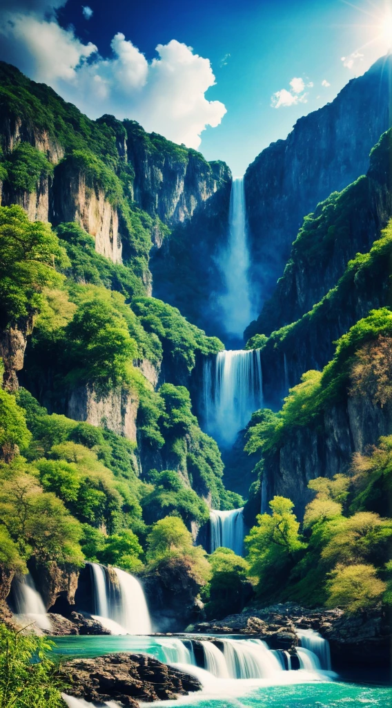 masterpiece, best quality, high quality,Soft light 4K, Beautiful digital artwork, 4k 高度详细的数字艺术Very detailed CG unity 8k wallpaper, landscape, outdoor, sky空, cloud, sky, no humans, Mountain, landscape, water, Tree, blue sky空, waterfall, cliff, nature, lake, river, cloudy sky空,Award-winning photography, Bokeh, depth of field, bloom, Color difference ,lifelike,Very detailed, Popular topics on Artstation, CGSociety's Hot Topics, complex, high detail, dramatic, midway art