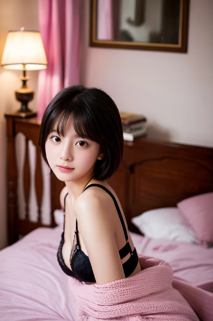 highest quality、masterpiece、High resolution、4K、real 18 year old woman、black bra、hort hair、Pink Room、bed、1 girl、