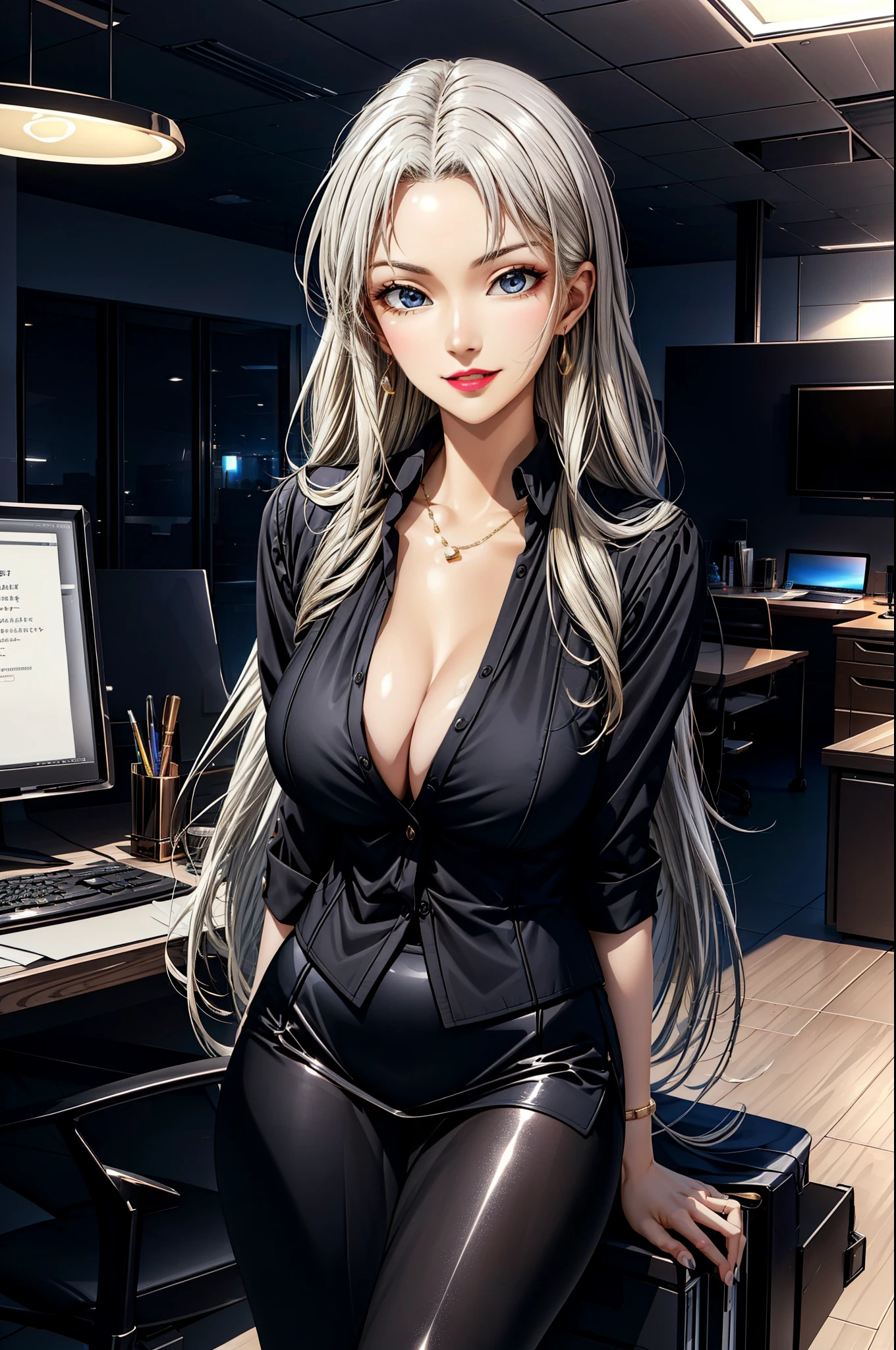 A super sexy secretary, seductive, perfect figure, masterpiece:1.2, high-quality, high-resolution, golden long hair, confident smile, beautiful detailed eyes, professional office attire, sharp focus, soft lighting, vibrant colors, highly detailed background, strategic posture, subtle makeup, realistic skin texture, exquisite jewelry, ultra-detailed, modern furniture, elegant office environment, high-end desktop computer, professional demeanor, captivating gaze, alluring curves, stylized office environment, a beautiful woman