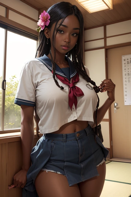 Dark-skinned_female, poitrine, gros seins, voluptueux, cuisses épaisses, hanches larges, gros cul, cul massif, dreadlocks, Haute résolution, regarder la visionneuse, poser sexuellement, room, Regard séduisant, japanese school uniform, flower on hair, japanese clothes, 