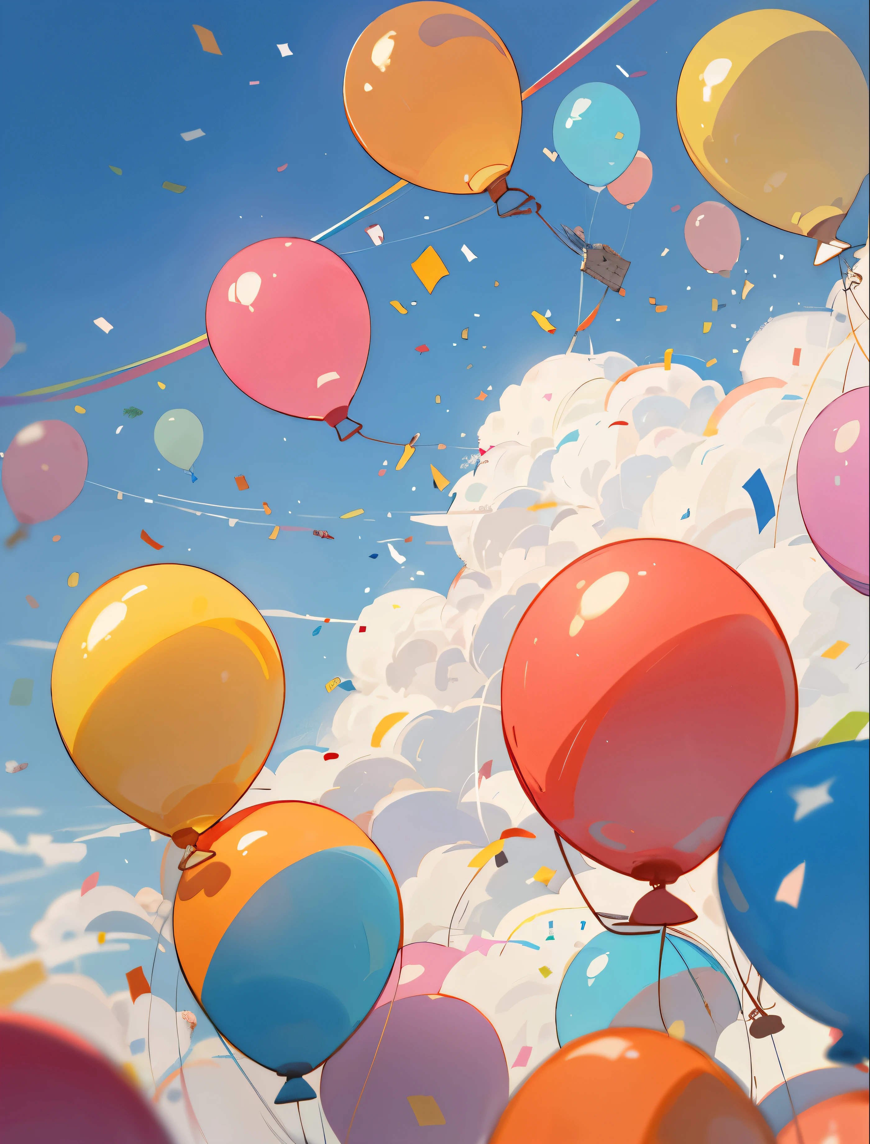 Only background no person, Better light and shadow, Only Background - Outdoor Birthday, Bigger ratio of Sky, better sky, wide sky, Detailed sunlight, anime style, dutch angle, flying balloons from below, summer blue sky, ballons closer to camera, confetti