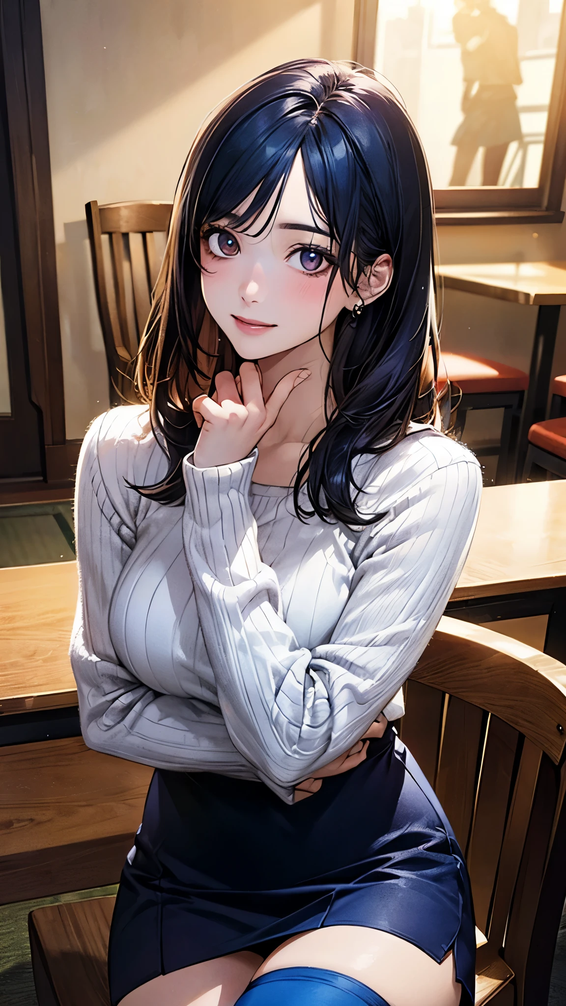 (masterpiece:1.2, top-quality), (realistic, photorealistic:1.4), beautiful illustration, (natural side lighting, movie lighting),
looking at viewer, cowboy shot, front view, 1 girl, japanese, 20 years old, perfect face, cute and symmetrical face, shiny skin, babyface,
(middle hair:1.2, straight hair:1.5, dark blue hair), forehead, gold eyes, (middle breasts, seductive thighs, big ass),
beautiful hair, beautiful face, beautiful detailed eyes, beautiful clavicle, beautiful body, beautiful chest, beautiful thigh, beautiful legs, beautiful fingers,
((white sweater, dark blue tight skirt),
(beautiful scenery), evening, inside caffee shop sitting chair, hand up, elbows on table, (cheerful),
