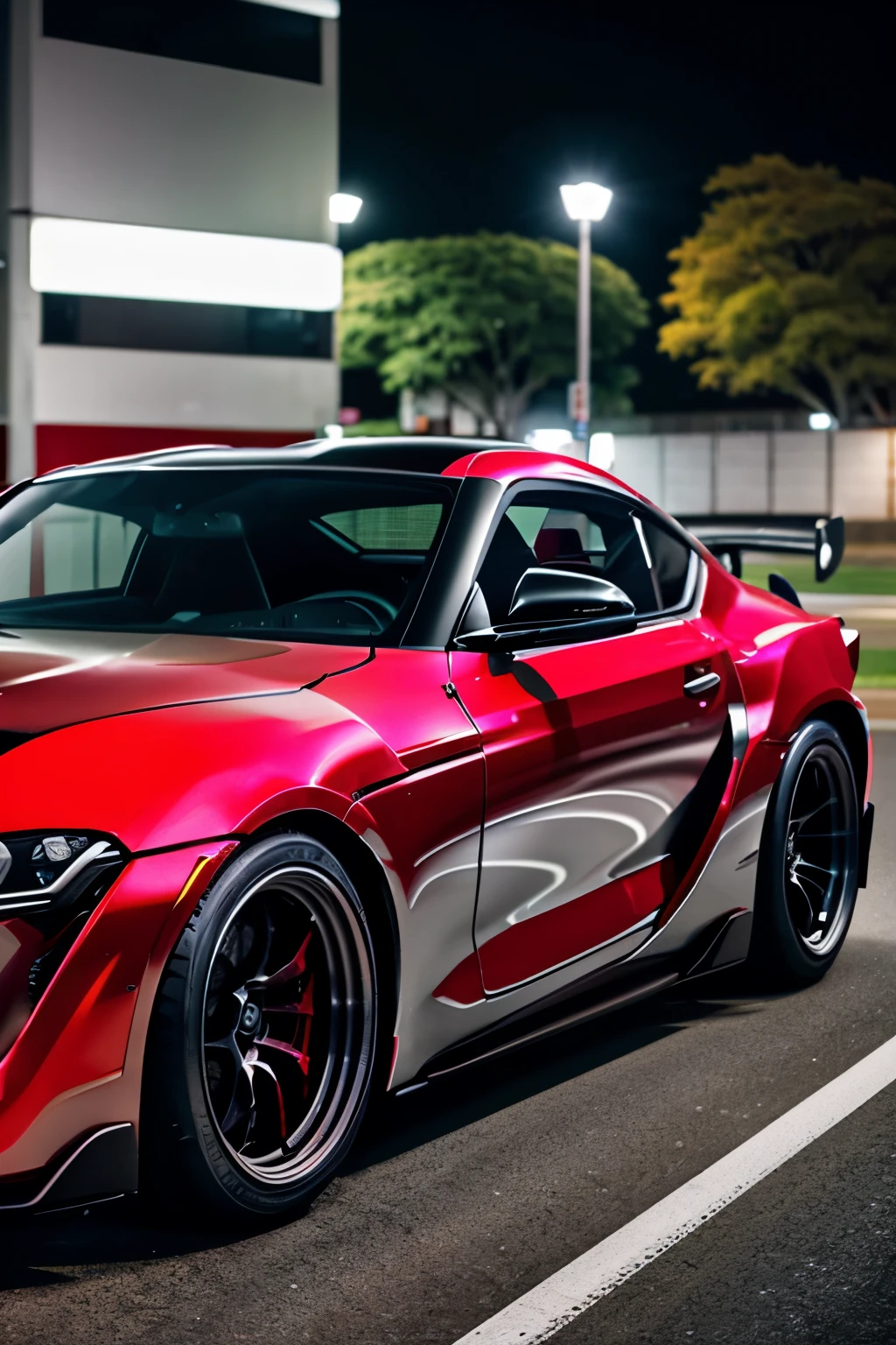 Toyota Supra Drift car livery with metallic red color, gun metal color, black color and White color long wheelbase, max orido, streets of Japan, low depth of field
