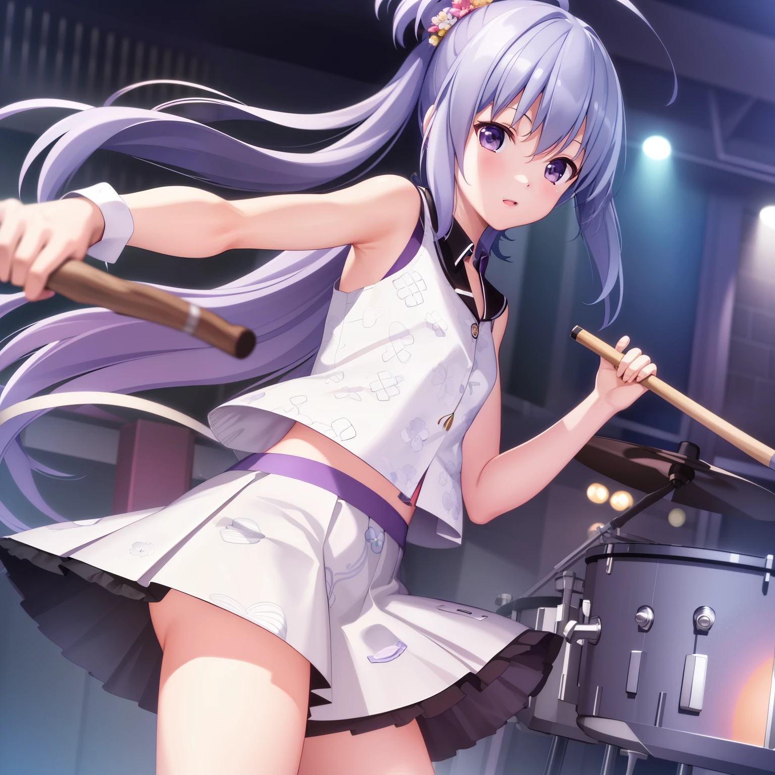 ((masterpiece)), ((highest quality)), ((High resolution)), ((Highly detailed CG Unity 8K wallpaper)), irie miyuki, , Lavender skirt, white socks, holding a stick in both hands、Drumming、Live venue