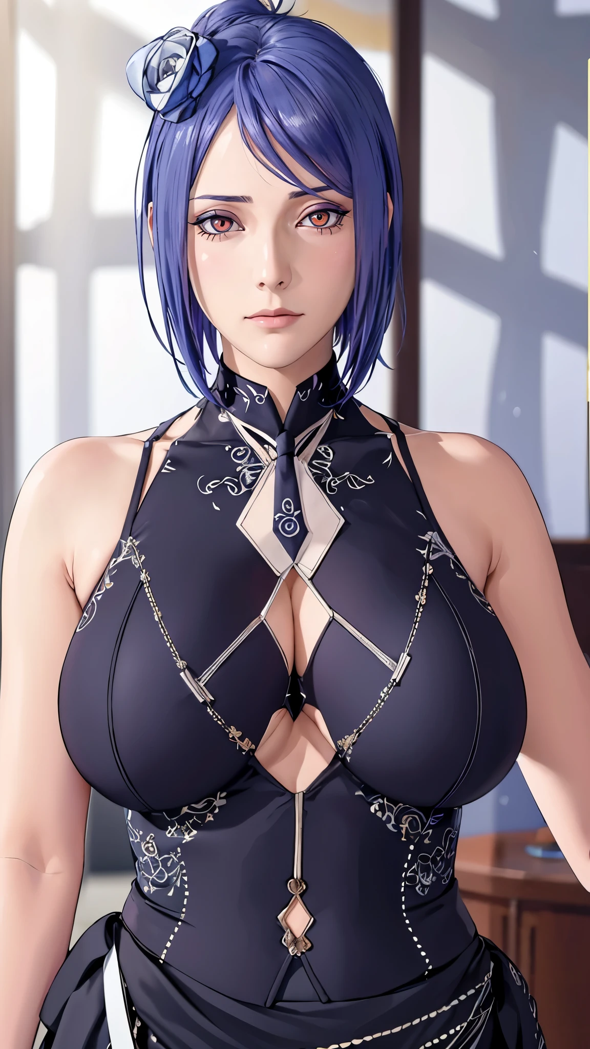 （（（suit，sexy ol suit，necktie，skirt，labret piercing，（（（konan \(naruto\),konan, blue hair, Orange pupils, short hair, hair ornament, flower, hair flower, ））），（（（wide hips））），S-shaped body:1.7））），((masterpiece)),high resolution, ((Best quality at best))，masterpiece，quality，Best quality，（（（ Exquisite facial features，looking at the audience,There is light in the eyes，shy，blush，pain，endure ））），（（（Light and shadow interlace，huge ））），（（（looking into camera，Paper around，White paper airplane surround）））