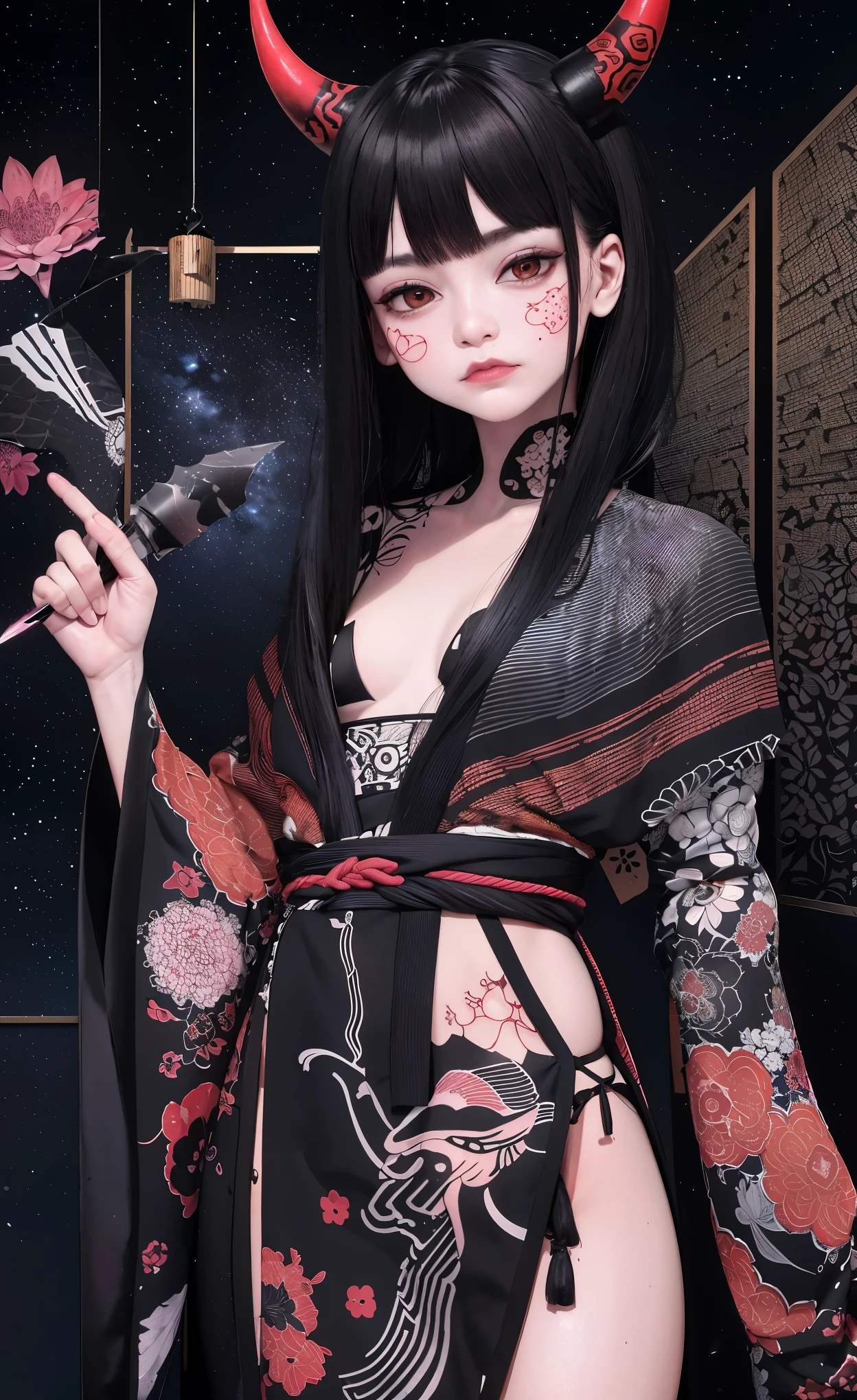 (fotorrealista:1.3), obra maestra, Mejor calidad, (detalles intrincados:1.2), (escenario:1.3), Hermoso rostro, (tema negro:1.3),
(((1 chica, A girl in a patterned kimono holding a dagger in her hand, (Mira Veiwer:1.3), (tatuaje de cara:1.2), Small oni horn,
))), cuerpo completo, Dividido por la mitad