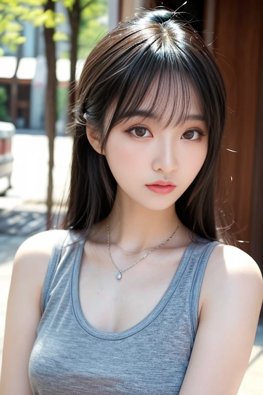 arafed asian woman with a necklace and a gray tank top, beautiful young korean woman, gorgeous young korean woman, beautiful south korean woman, korean girl, a young asian woman, korean woman, young adorable korean face, portrait of female korean idol, young asian girl, beautiful asian girl, young asian woman, young cute wan asian face
