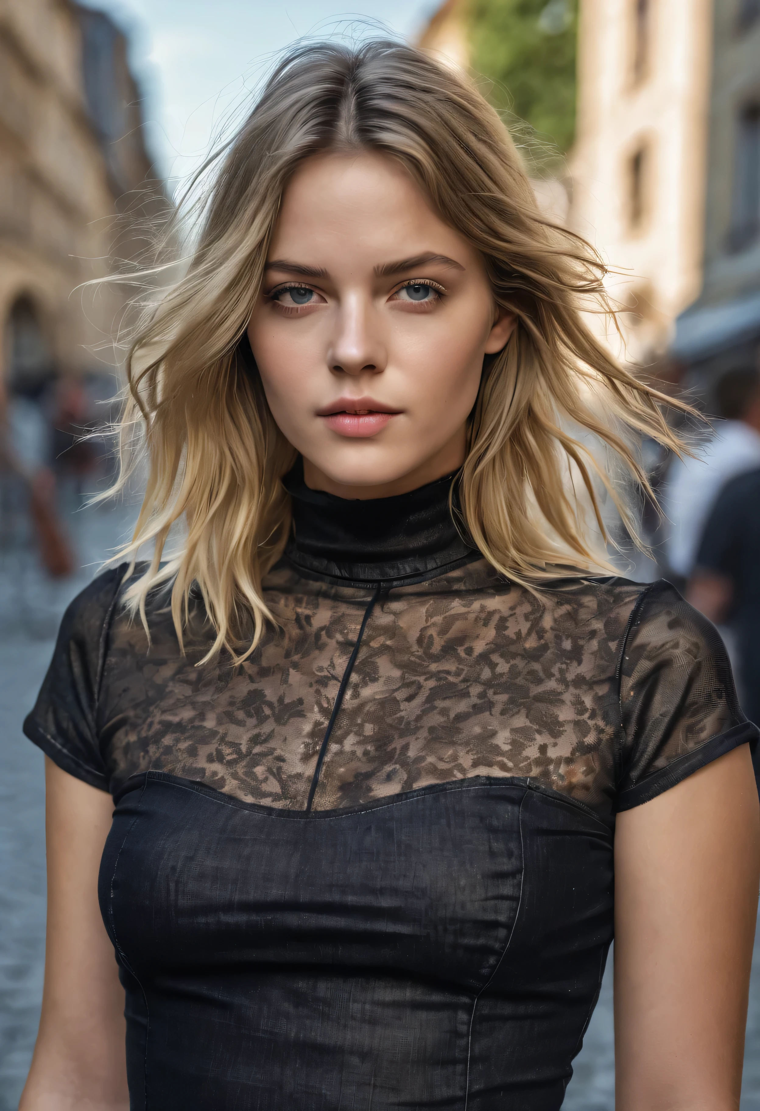 sexuell, Tragen Sie dunkle, Dunkle Kleidung, hautenge Jeans, schwarze transparentee Bluse, Kontrastreiche Kleidung, Holografische Kleidung, gehen towards the camera:1.2, gehen:1.2, gehen fast:1.2, Wind weht Haare:1.3, windig, Starker Wind, bestimmt, Matching girl, umgeben von neonbeleuchteten Reflexionen im Stadtbild, Vray-Rendering, Raytracing, Subsurface scattering, ,(gehen towards viewer:1.3), (realistisch:1.3), (portrait:1.2), sehr detaillierte Augen,(Sehr detaillierte Haut:1.3),(Sommersprossen:0.6),Poren, (4K),von hinten beleuchtet, medium sized breasts:1.3, die Beine kreuzen, blonde lange Haare,lockig, leichter Pferdschwanz, some strands on the face,