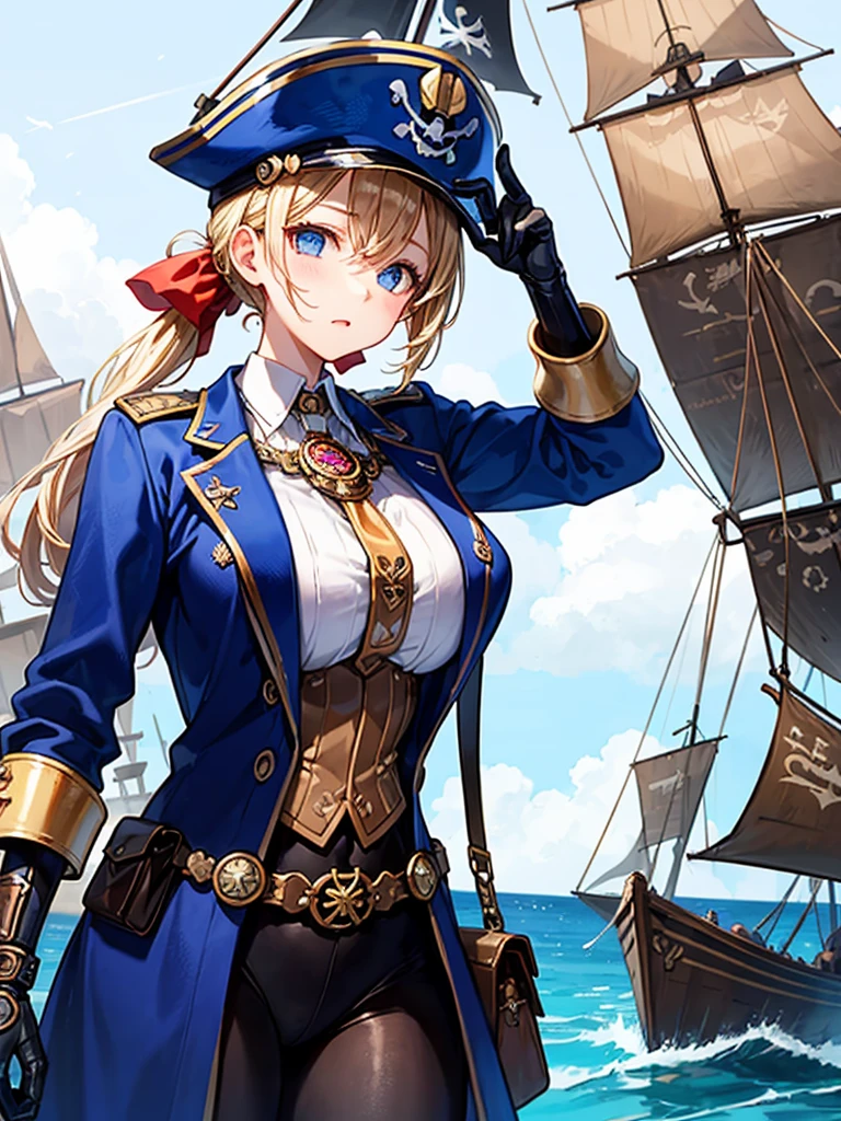 （（（masterpiece、Highest image quality、highest quality、highly detailed unity 8ｋwallpaper）））、（（Illustration of one girl、upper body））、（（（beautiful girl）））、（fantasy、female pirate）、（blonde、short ponytail：1.2、light blue eyes）、（（（Right hand is a prosthetic hand、steampunk prosthetic arm）））、（（tall））、bulky figure, massive frame, thick neck, sturdy arms, powerful legs、（captain&#39;s suit、Pirate hat、Blue coat）、pier、pirate ship anchored、Wooden sailing ship